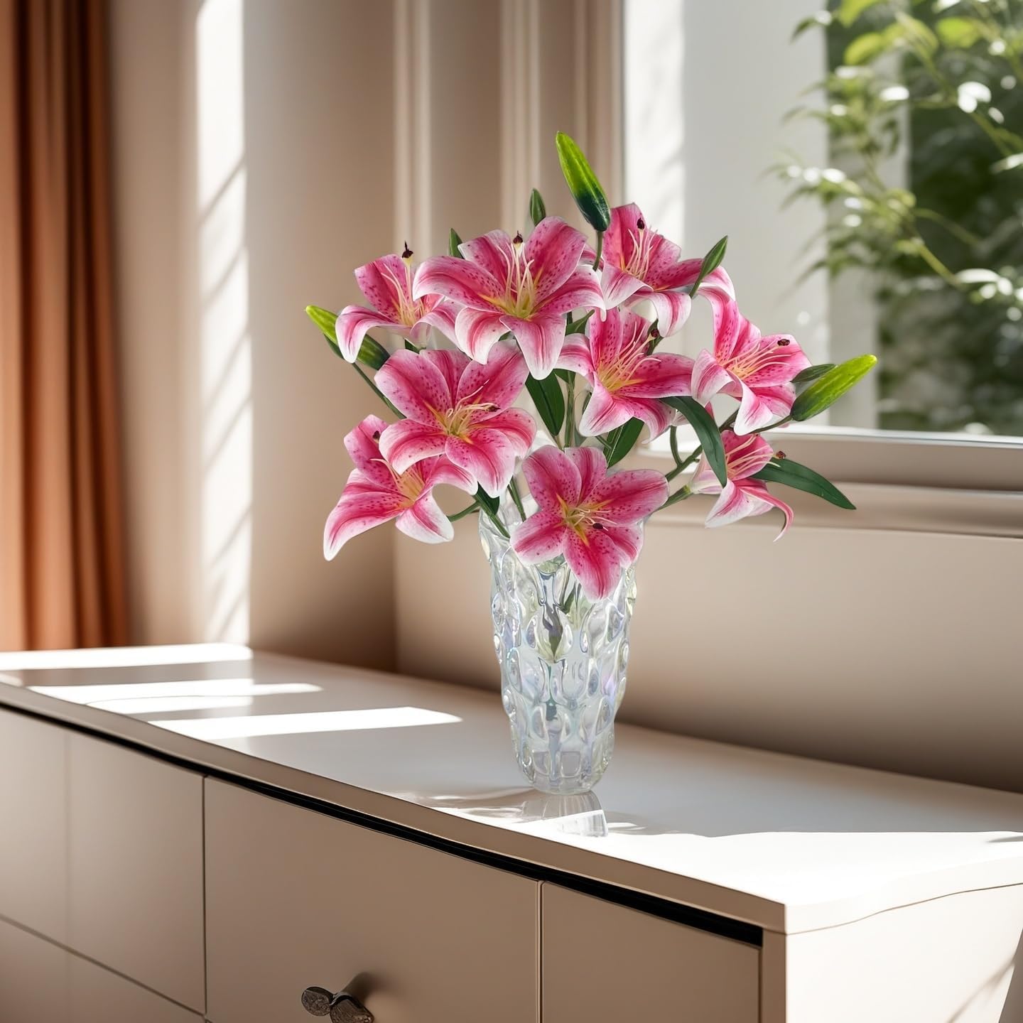 12 Artifical Lily Flowers with 9 Heads Full Bloom Lily & 3 Buds, Long Stem Artificial Stargazer Lilies, Faux Tiger Bouquets for Home Hotel Office Party Decor Table Centerpieces（Dark Pink