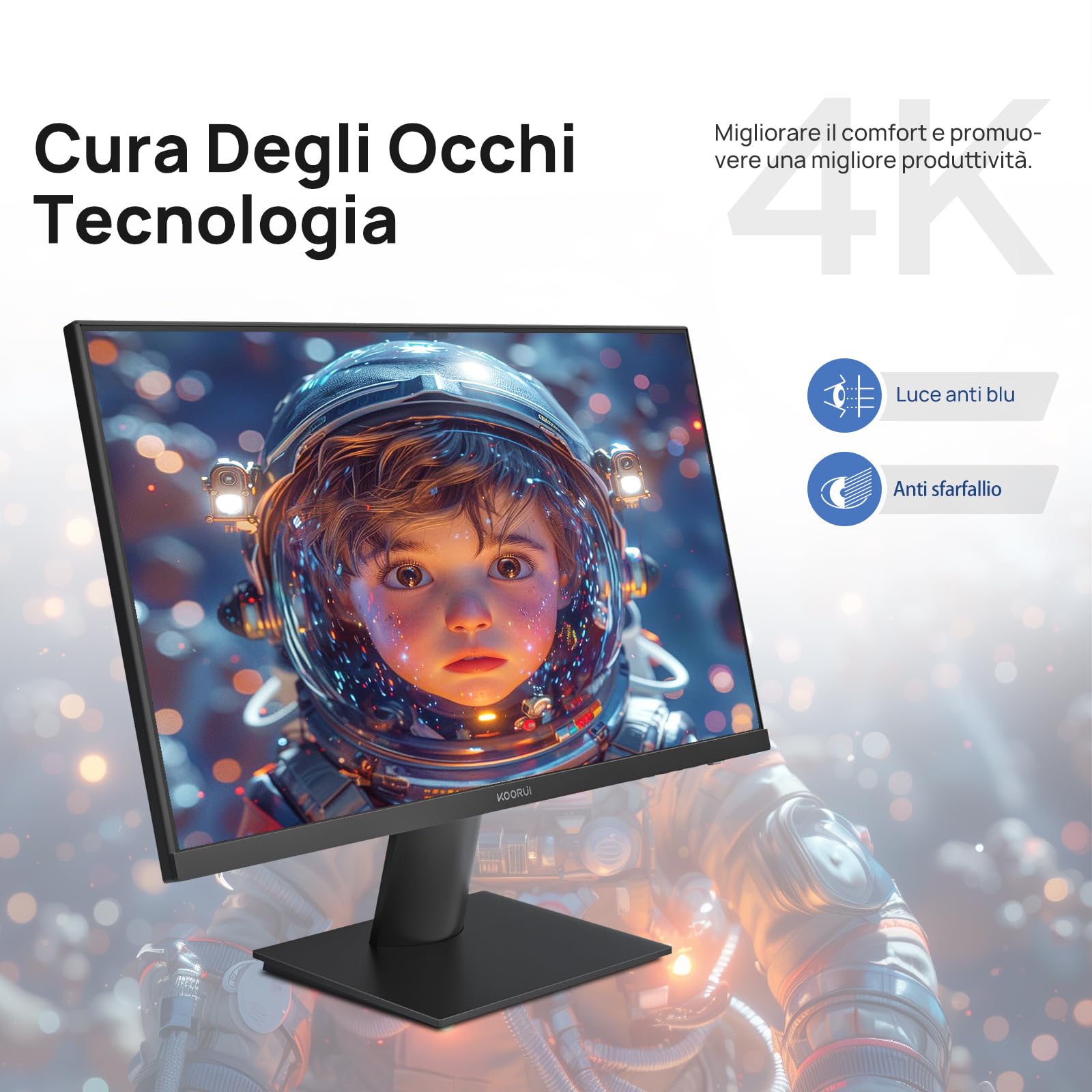 KOORUI N07 Monitor 27 Pollici, 4K UHD (3840 * 2160), IPS 60Hz HDR10 Adaptive Sync, 2X HDMI 2.0 e DisplayPort 1.4, VESA 100 * 100mm, Cura degli occhi