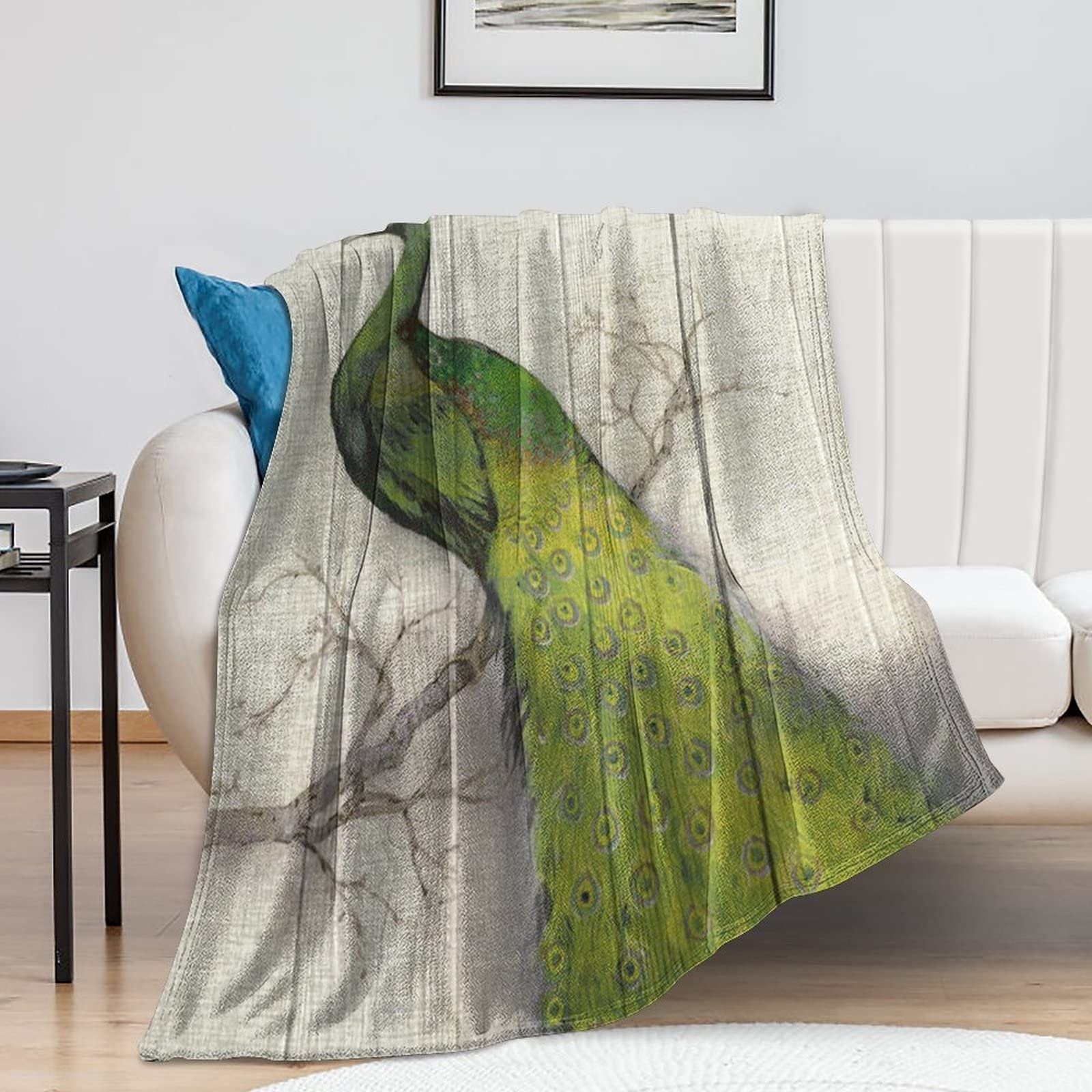 Couverture de voyage en flanelle paon réversible en microfibre pour lit et canapé