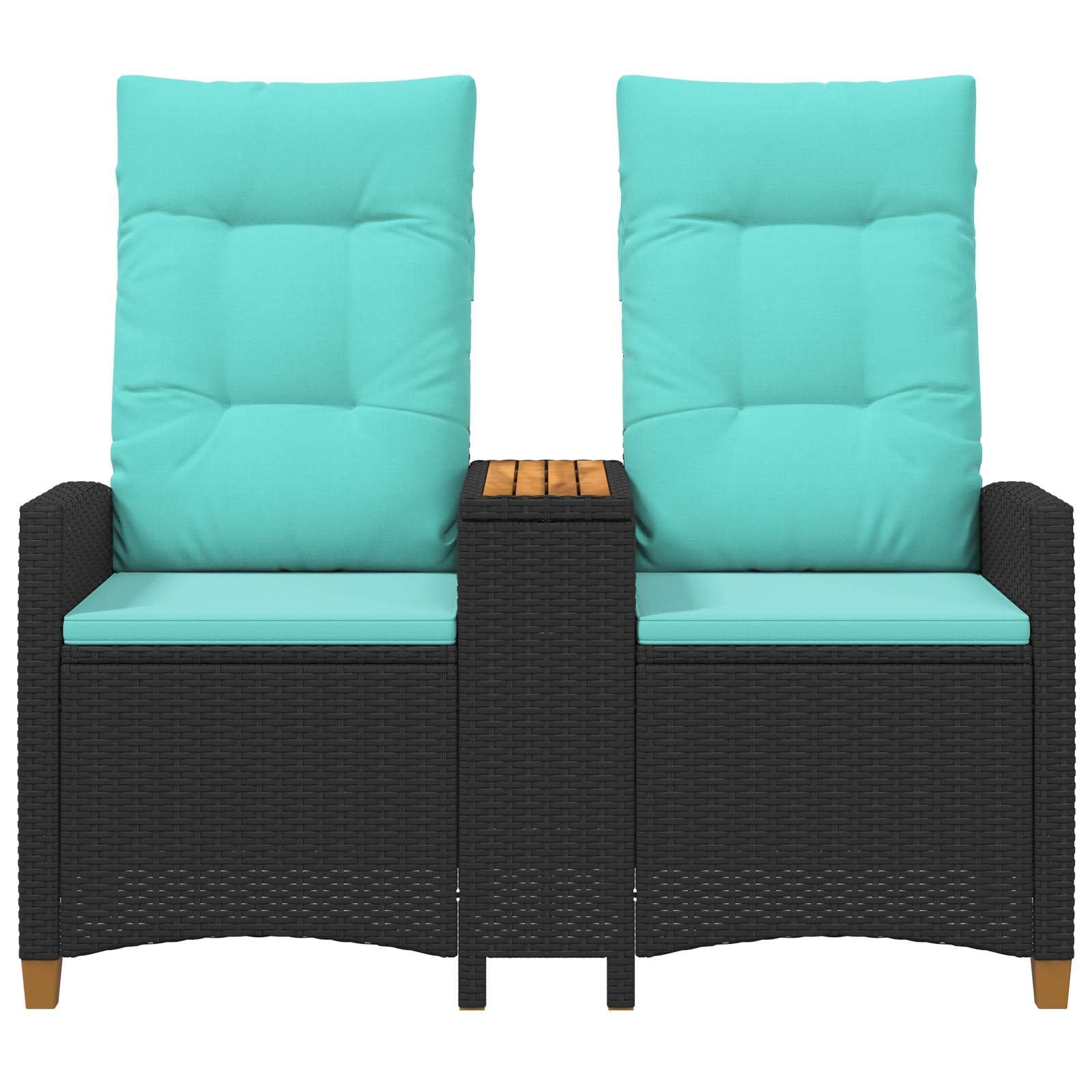 Rattan Gartenbank mit integriertem Tisch und Verstellbarer Rückenlehne, 2-Sitzer Poly-Rattan Liegebank mit Kissen, Outdoor Relaxsessel für Garten und Terrasse, Schwarz Türkis
