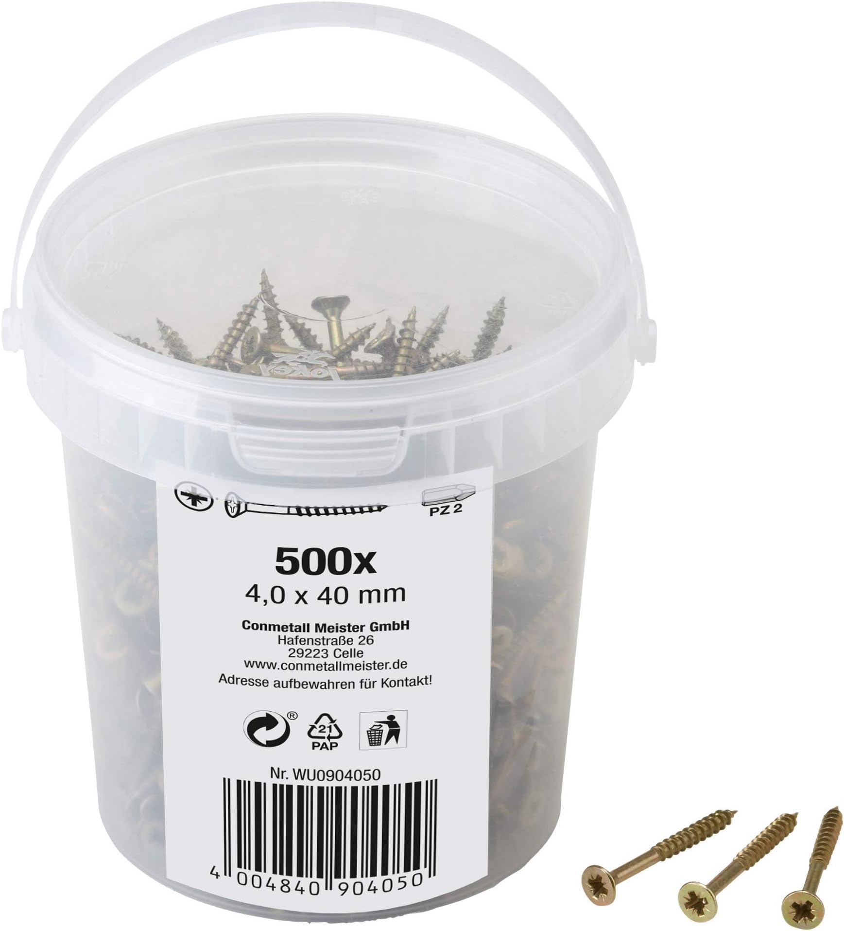 Meister 904050 Universal Screws 4.0 x 40 mm Set of 500 Countersunk Head Pozidriv Drive Partial Thread Yellow Galvanised Screw Set Screw Bucket