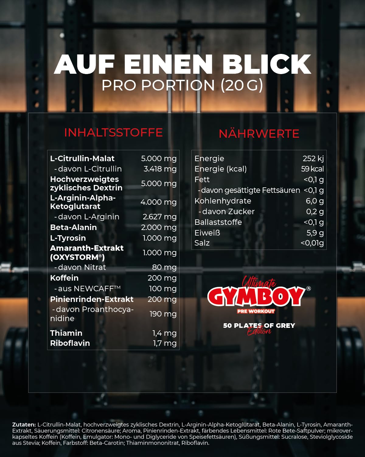 50 Plates of Grey Edition – Pre-Workout Drink – 5.000mg L-Citrullin Malat + 4.000mg Arginin AKG – 200mg Koffein – Mit NEWCAFF & OXYSTORM – Vegan – 500g (25 Portionen) (Pfirsich-Kaktusfeige)