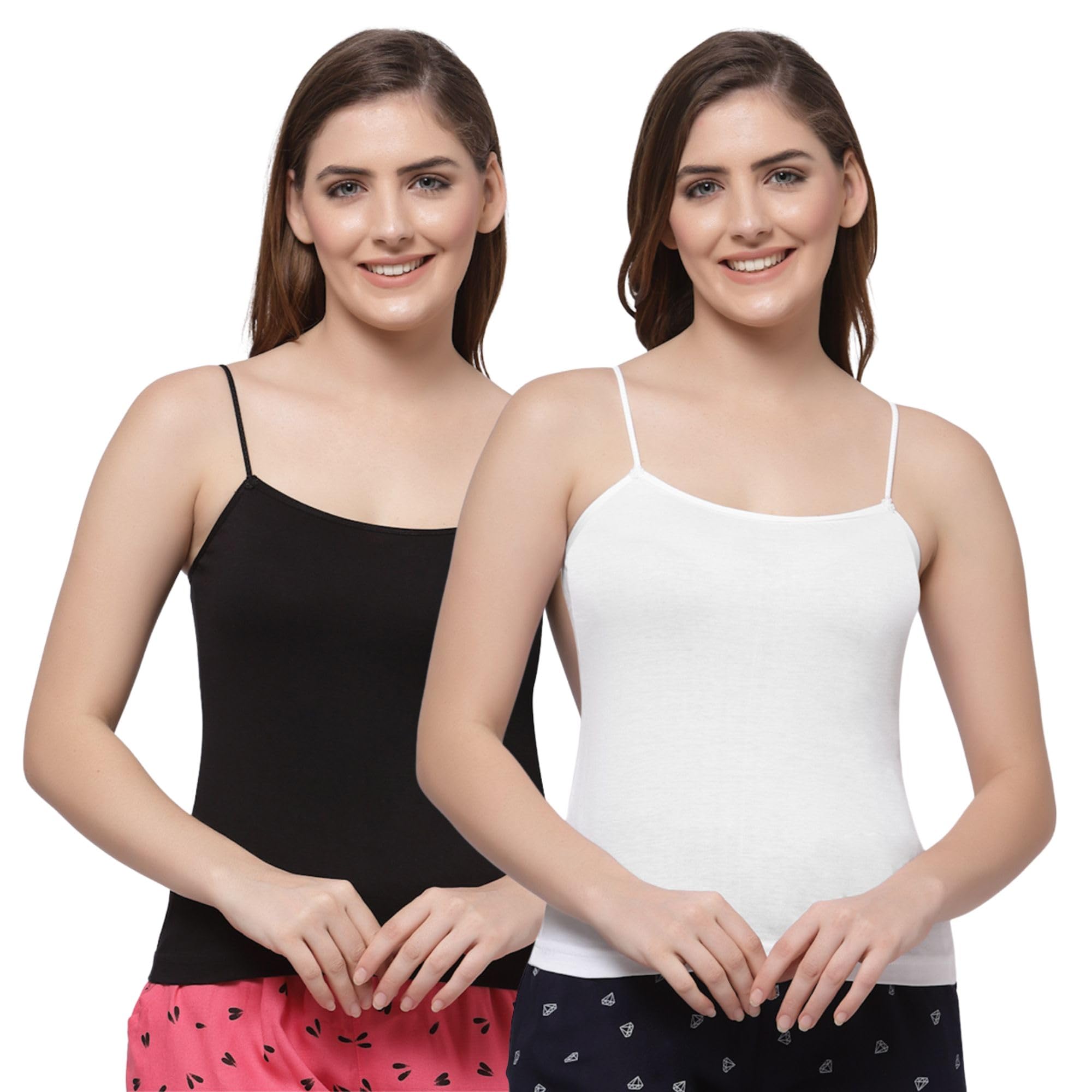 floret Women's Regular Fit Cotton Innerwear Camisole Slip Pack of 2 Square-Neck/Non-Adjustable Straps/Weist-Length Spaghetti-picture-11