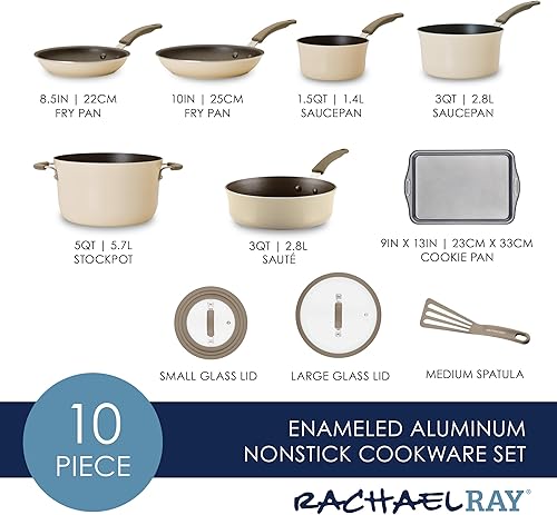 Miniatura 2 de Rachael Ray Cook + Create - Juego de ollas y sartenes antiadherentes, incluye bandeja para hornear y utensilios de cocina, 10 piezas, almendra