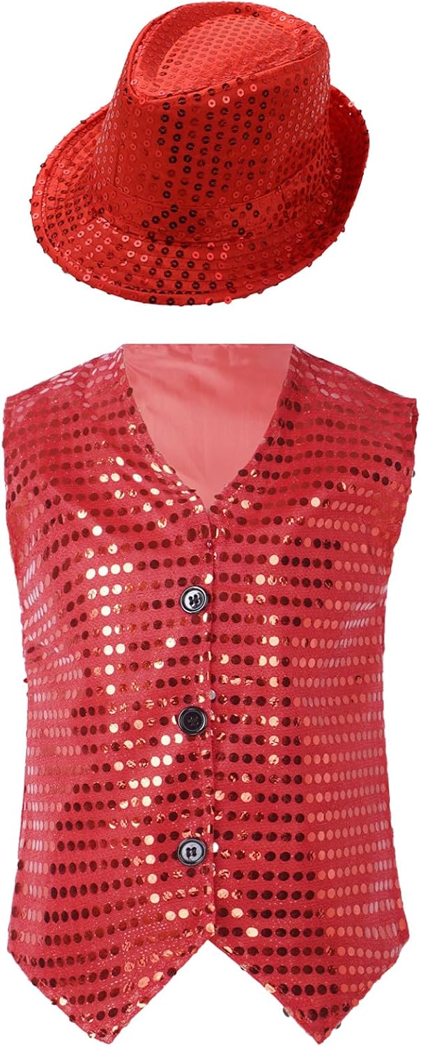 Jhaoyu Kids Boys Girls Sequins Jacket Shirt Vest Waistcoat Hip-hop Jazz Dance Performance Christmas Top with Hat
