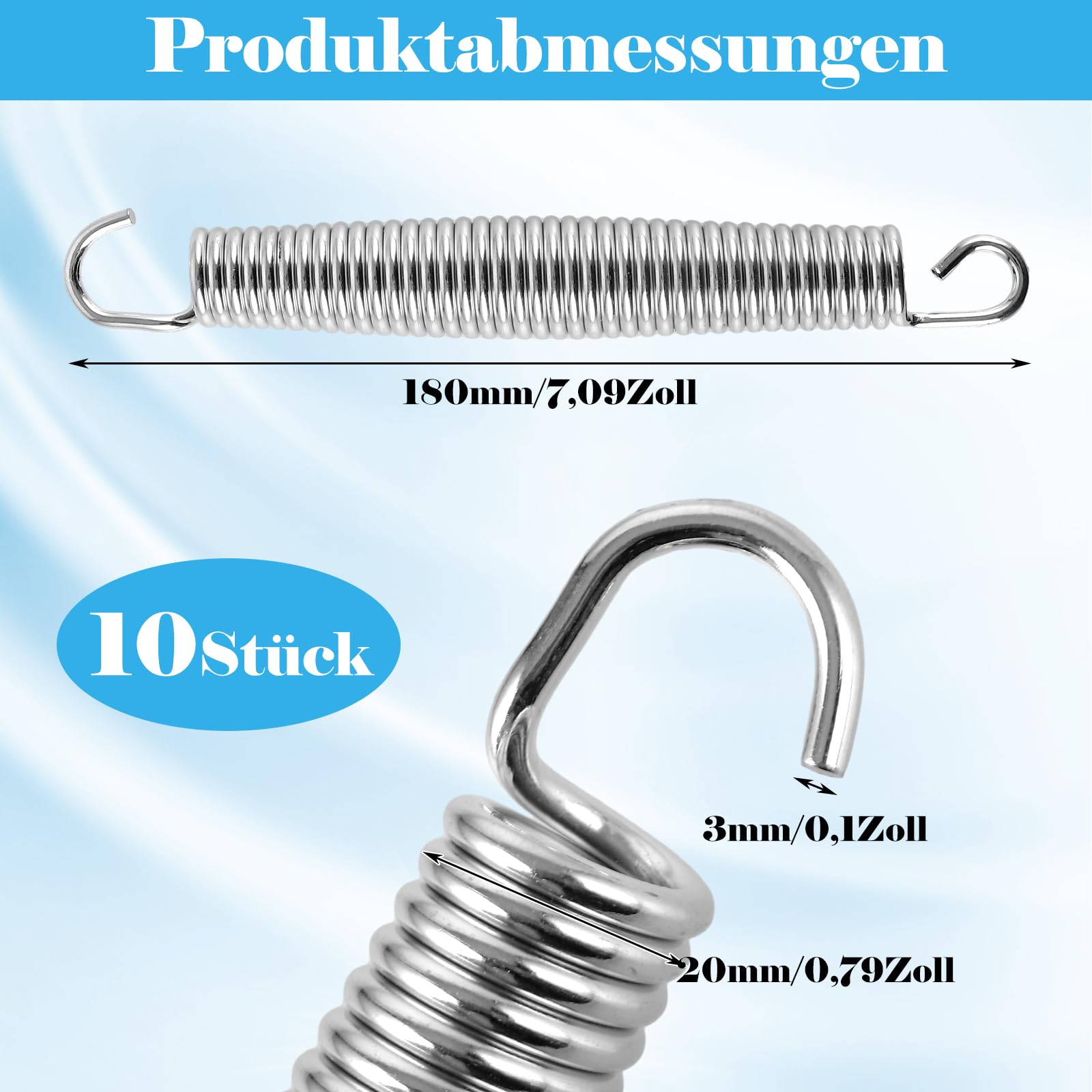 10 Stück Zugfedern mit Haken, 17.8cm Federstahl Druckfeder, 3mm Zugfeder mit Haken, Spannfeder für Spielzeug, Fitnessgeräten