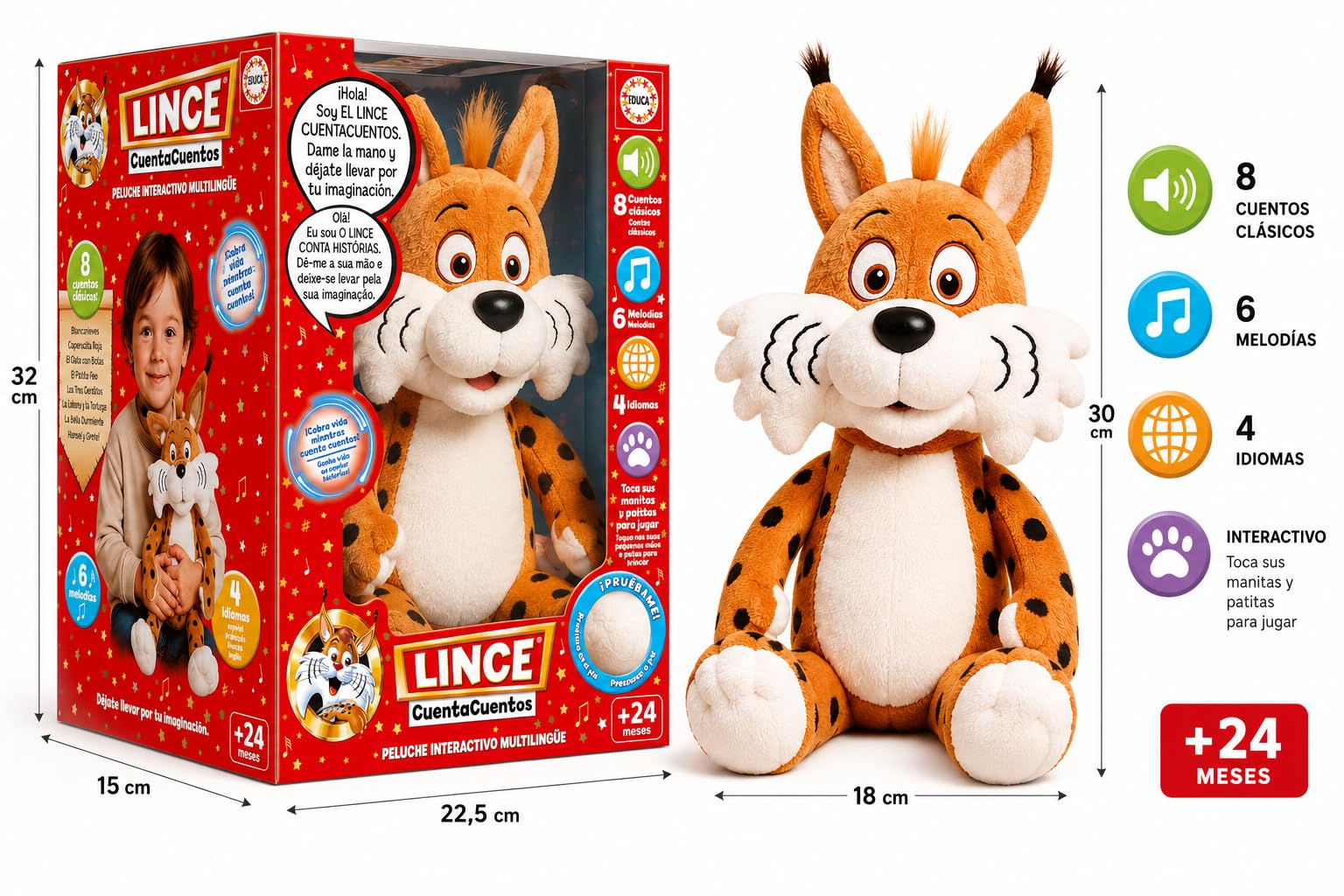 Educa Lynx Conteur | Peluche Interactive éducative avec Contes Audio et Musique pour Enfants | Cadeau pour Enfants 2 Ans (20360)