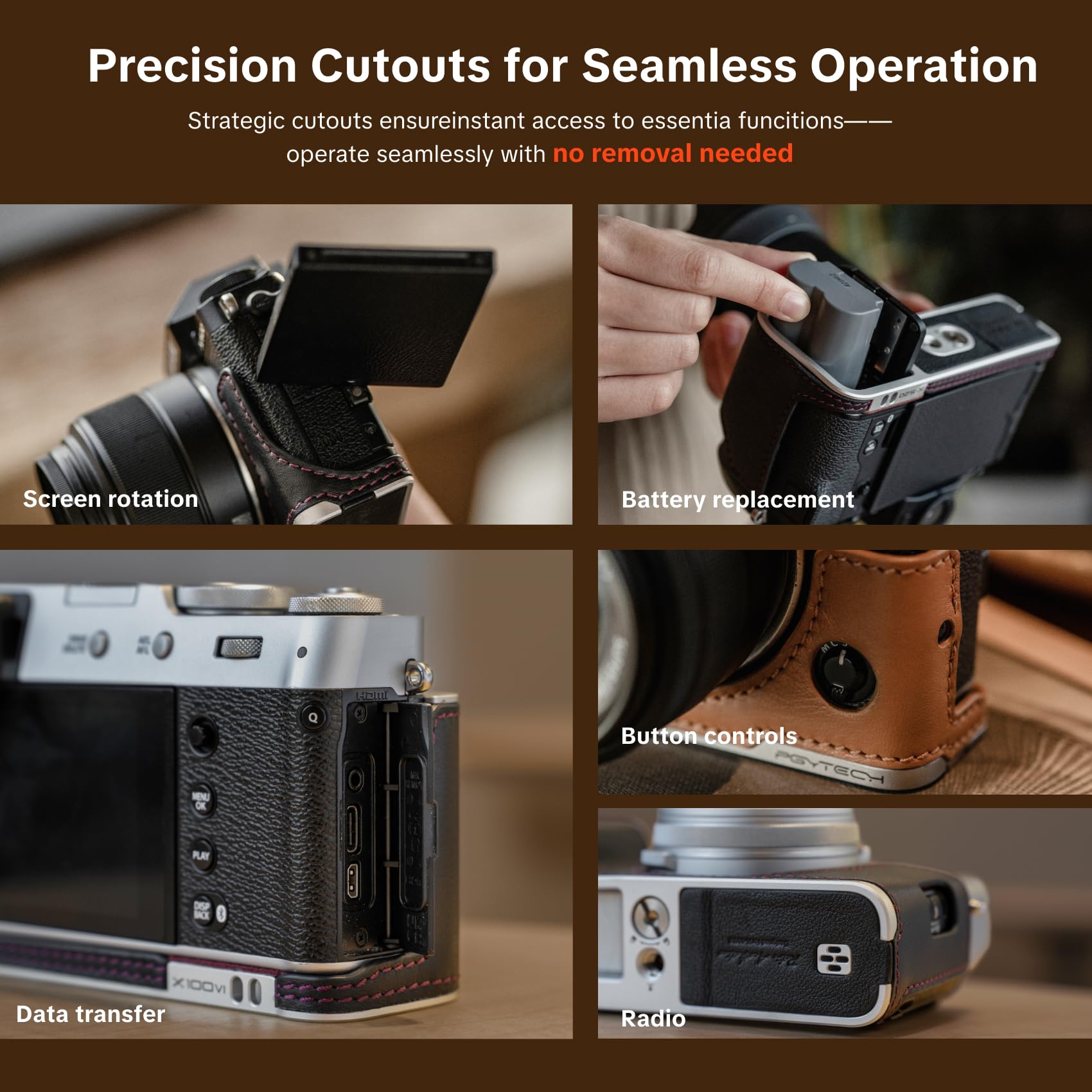 PGYTECH Mezza Custodia per Fujifilm in Vera Pelle, Vintage Camera Case | Per Fujifilm X-T5, Base in lega di alluminio, Vano SD integrato, Filettatura 1/4"-20 per treppiede, per tracolla, Nero