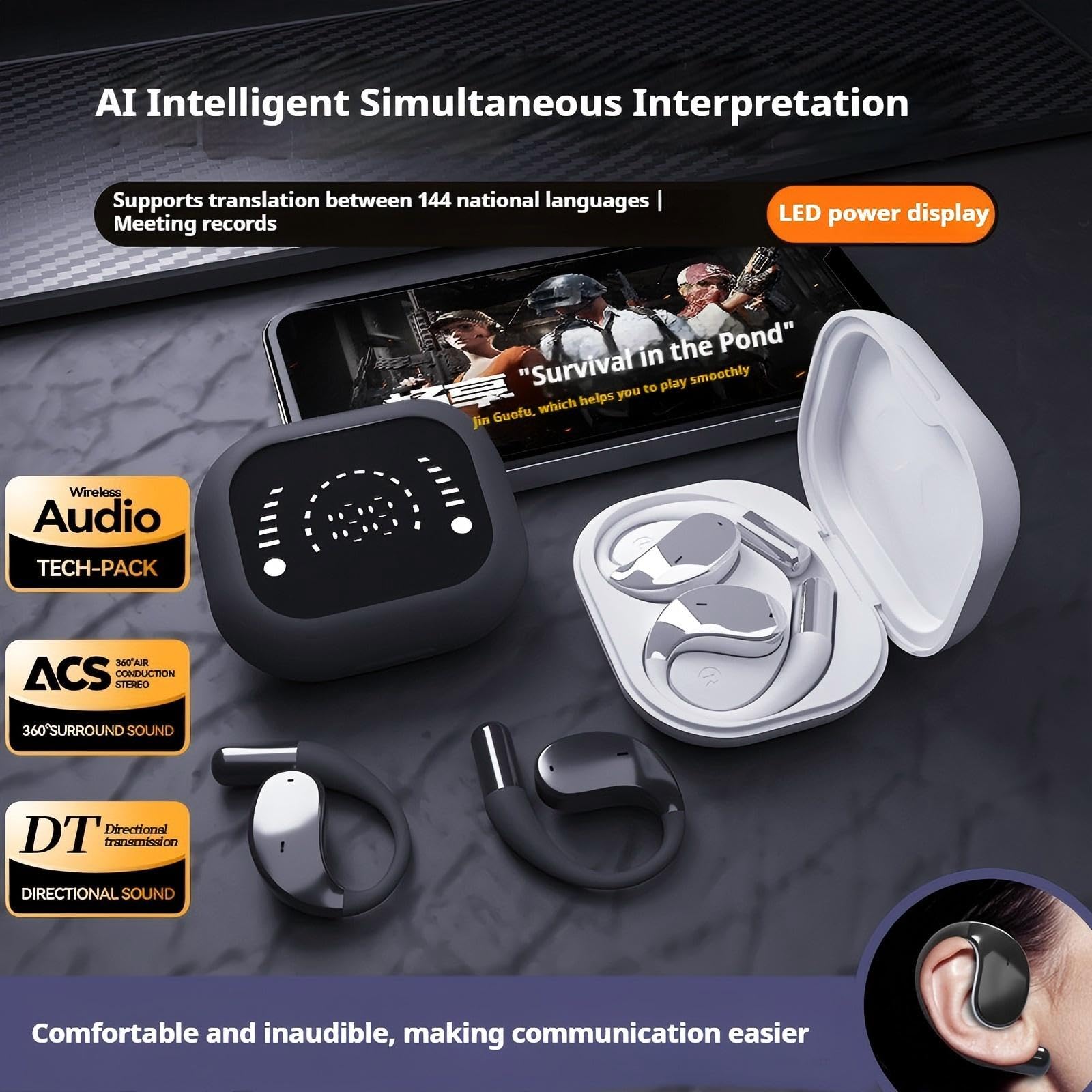 GQAQZQ AI Translation Earbuds Real Time, Support Over 100 Countries Language Interchange, for Travel, Business, Learning Communication, ISO and Android System Universal