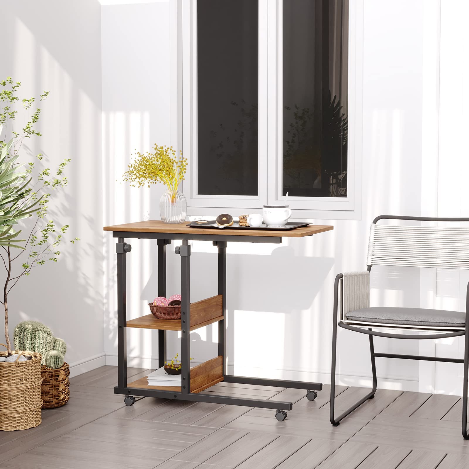 Dripex Scrivania per Computer con Ruote Tavolino 80x40x89 cm Altezza Regolabile Tavolo PC Salvaspazio Mobile per Laptop con Ripiani per comodino, tavolino da caffè, camera da letto (Marrone Scuro)