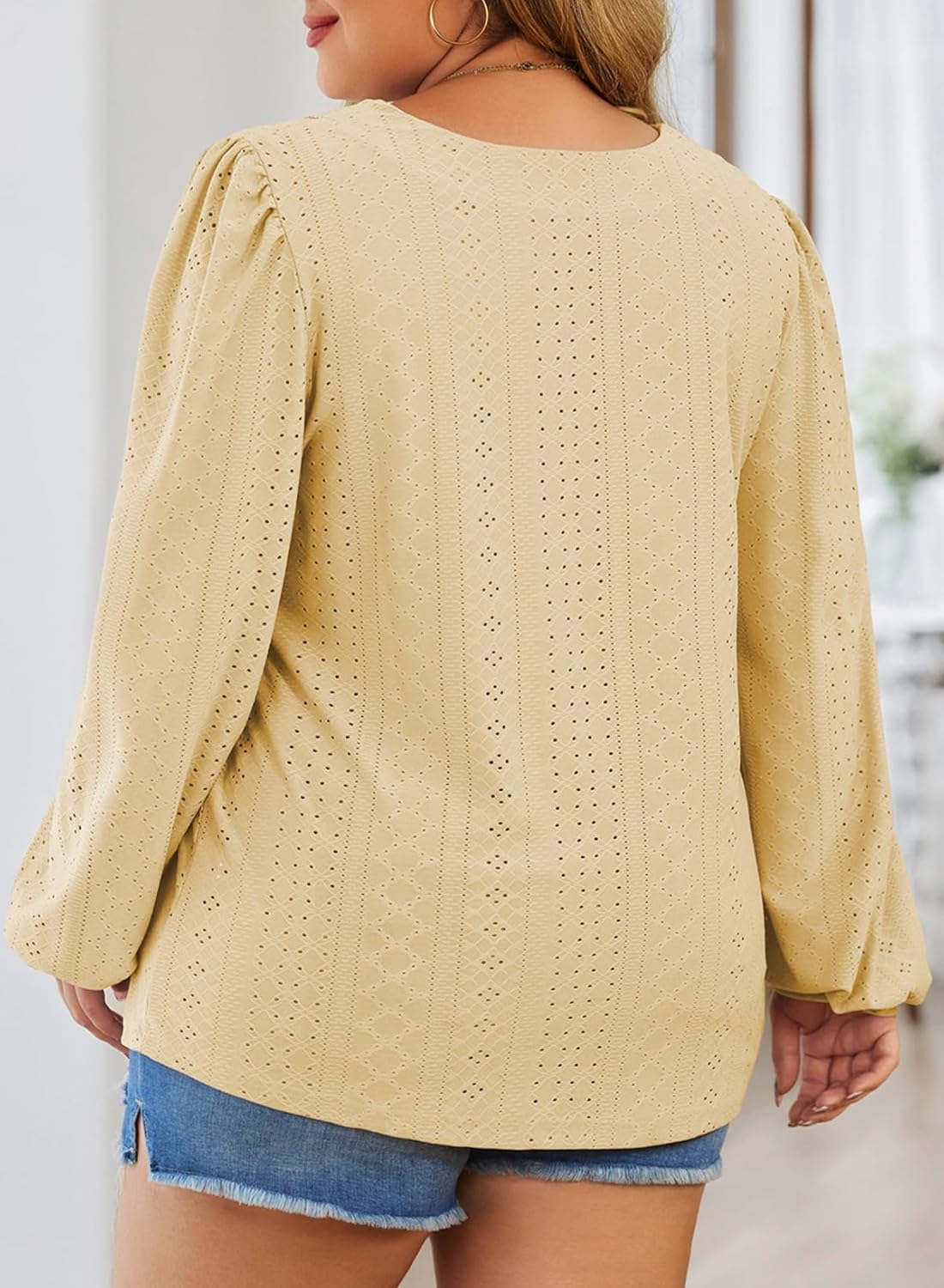 Eytino Womens Plus Size Tops Lantern Long Sleeve Lace V Neck Dressy Casual Blouse Loose Tunic Shirts(1X-5X) - Image 2