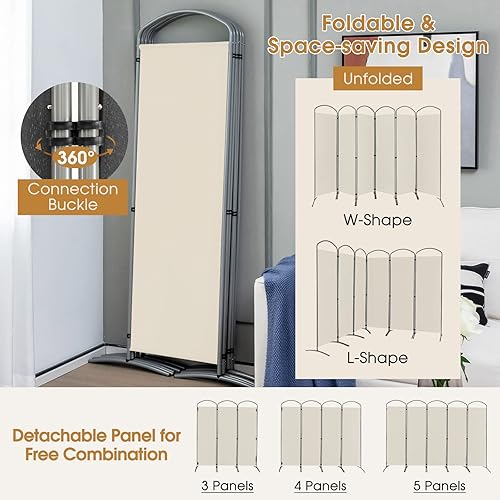 Miniatura 4 de Giantex Divisor de habitación plegable de 6 paneles de 6.2 pies, color blanco, pantalla de privacidad de tela plegable independiente de 130 pulgadas