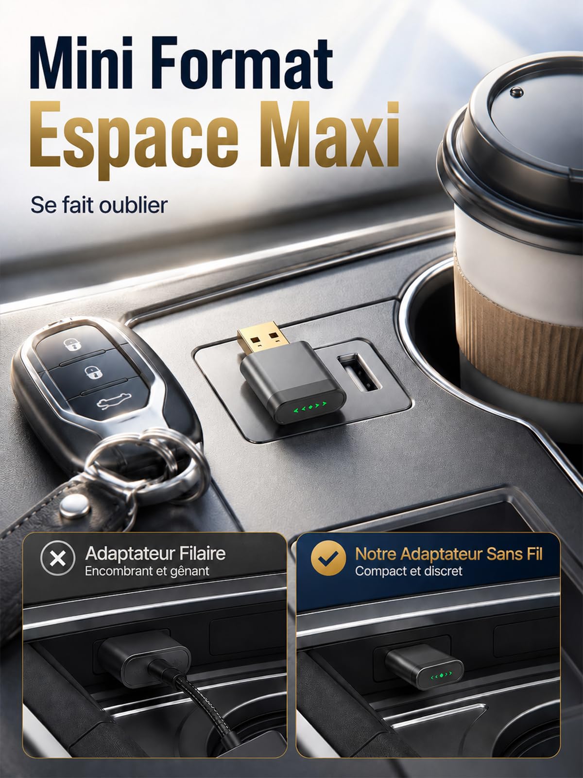 Mini Adaptateur CarPlay sans Fil pour Apple/Android Auto, Connexion Rapide, Android Auto sans Fil pour GPS Portable Voiture, sans Latence & Surchauffe, Compatible avec iPhone (iOS 10+) et Android 10+
