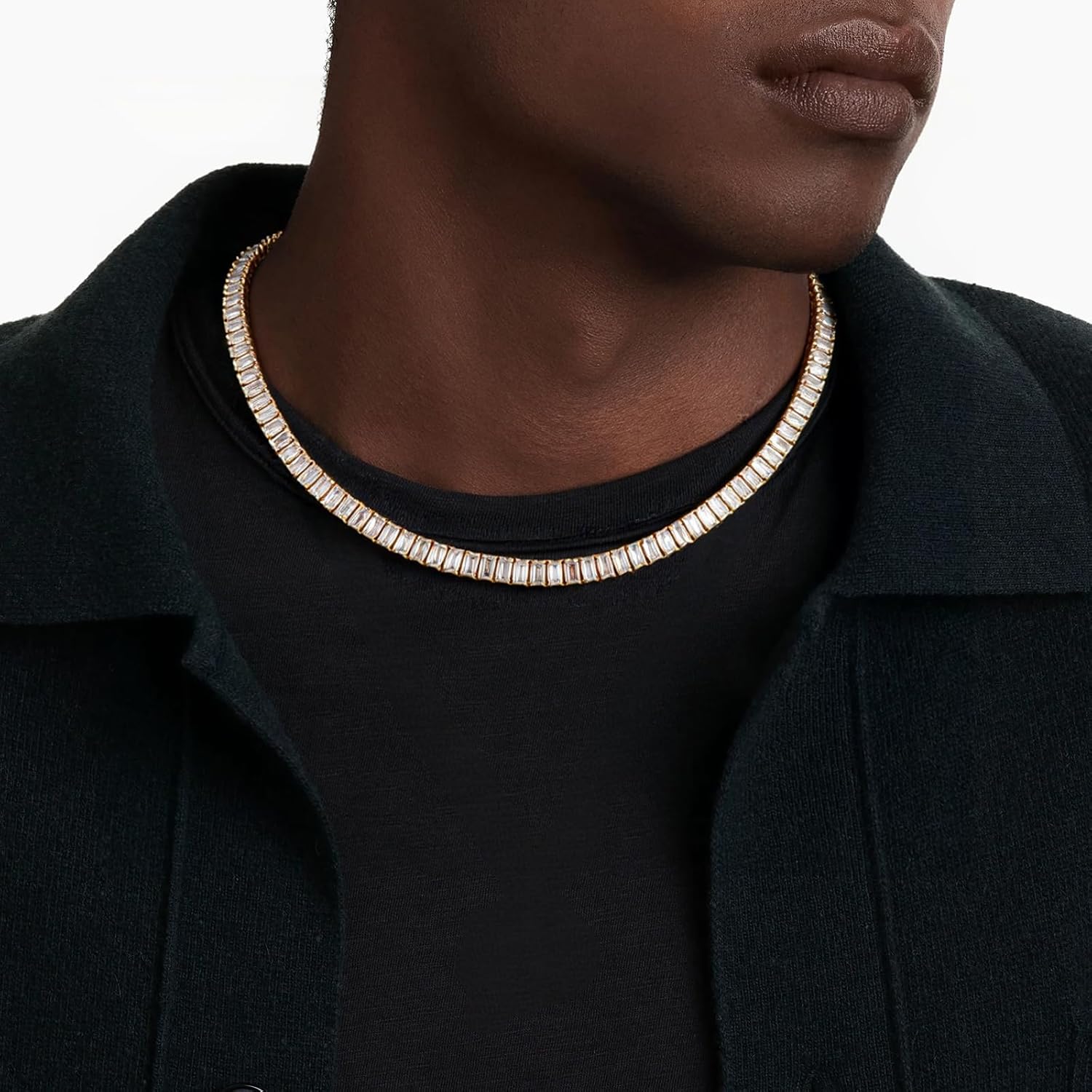BREN Baguette Tennis Necklaces for Women Men - White/Yellow Gold Plated Cubic Zirconia Tennis Chain Dainty Jewelry Gifts for Holiday Wedding Party Prom Valentines Day