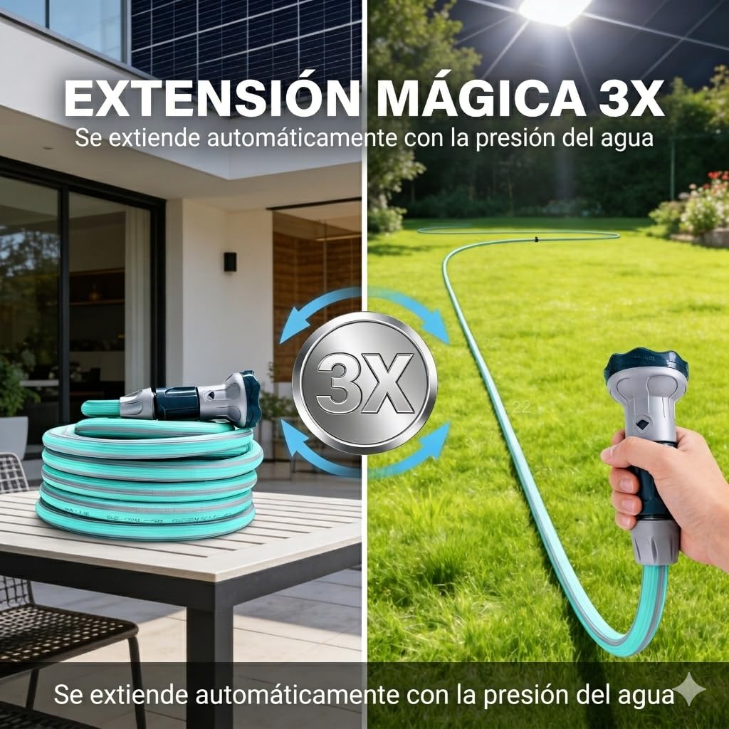 Idroeasy, manguera de jardín extensible de 20 metros, 5/8" de diámetro, manguera de riego extensible de 3 vías, resistente a nudos y torsiones, no tóxica, diseño azul pastel suave, Made In Italy