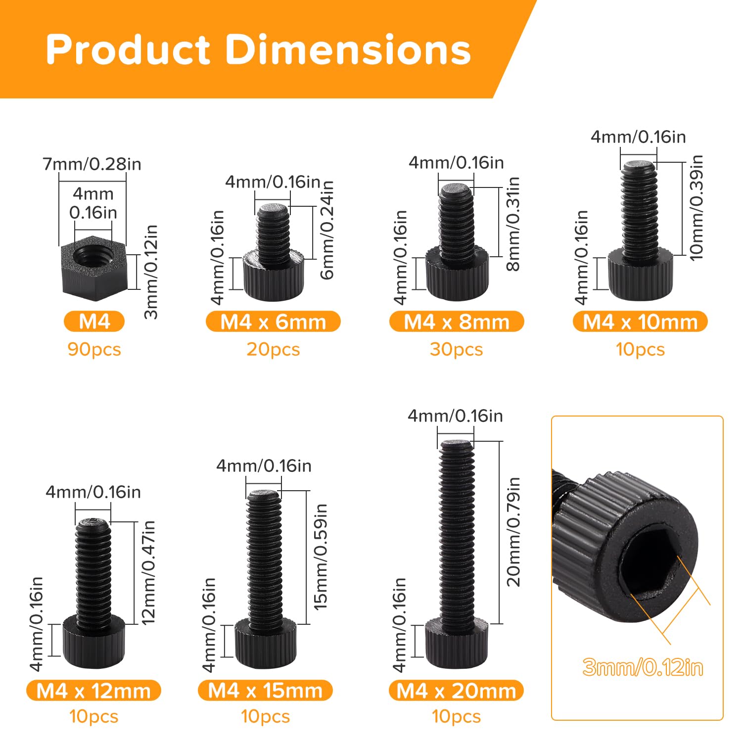 90 Sets Nylon Schrauben M4 Mit Muttern - 6 Größen Innensechskant