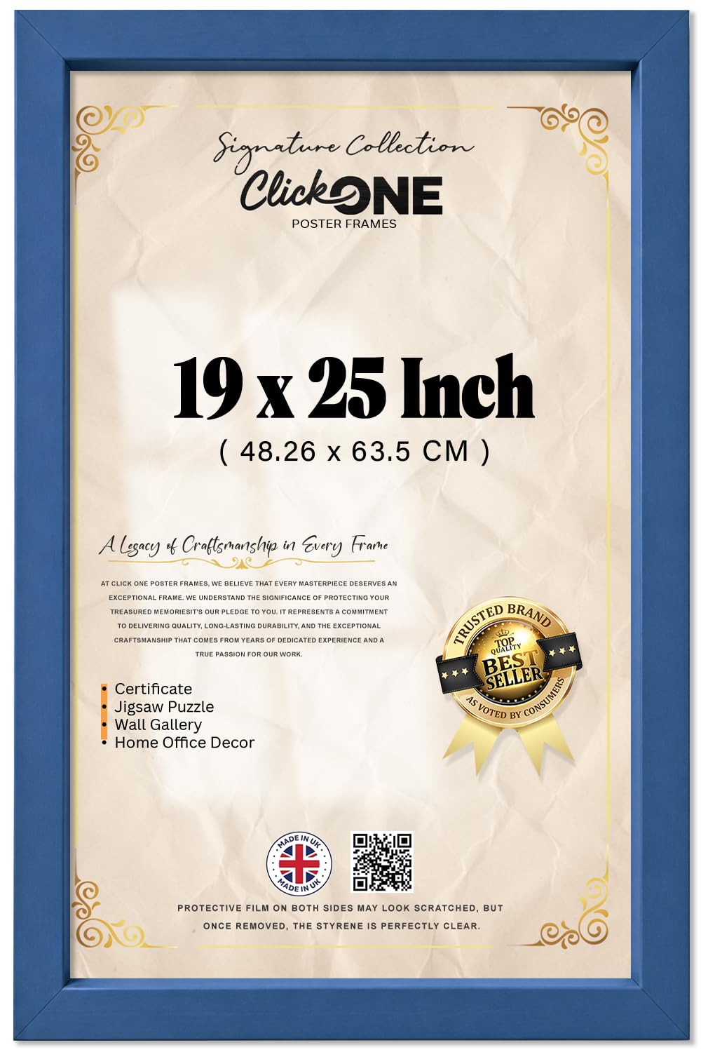Click One 19x25 Inch Blue Picture Frame MDF Wood Clear Perspex Wall Mount Portrait Landscape Display for Photos Posters Prints Artwork Blue