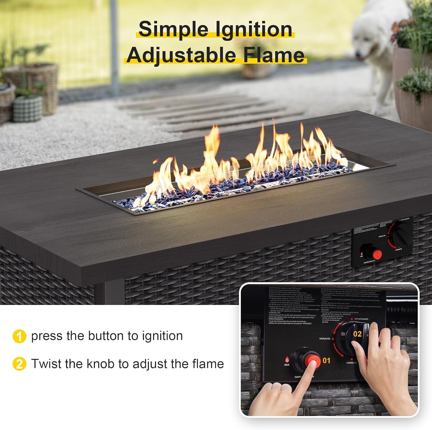 Propane Gas Fire Pit Table for Outside Patio, 42" Rectanular Firepit Table, 50,000 BUT Fire Table with Lid and Blue Glass Stones for Outdoor Deck and Yard