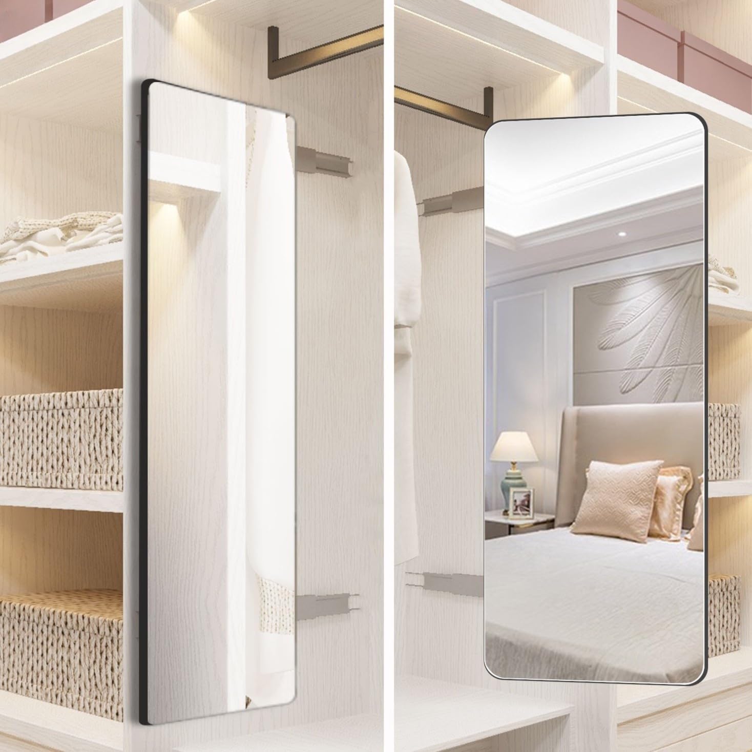 Full Length Closet Mirror, Sliding Full Length Mirror Push Pull Built in Dressing for Wardrobe, Space Saving Retractable Design, Easy Installation for Small Spaces