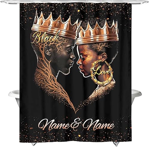 Cortina de ducha de pareja afroamericana con nombre, juego de cortinas de ducha románticas de tela negra con nombre, juego de cortina de baño