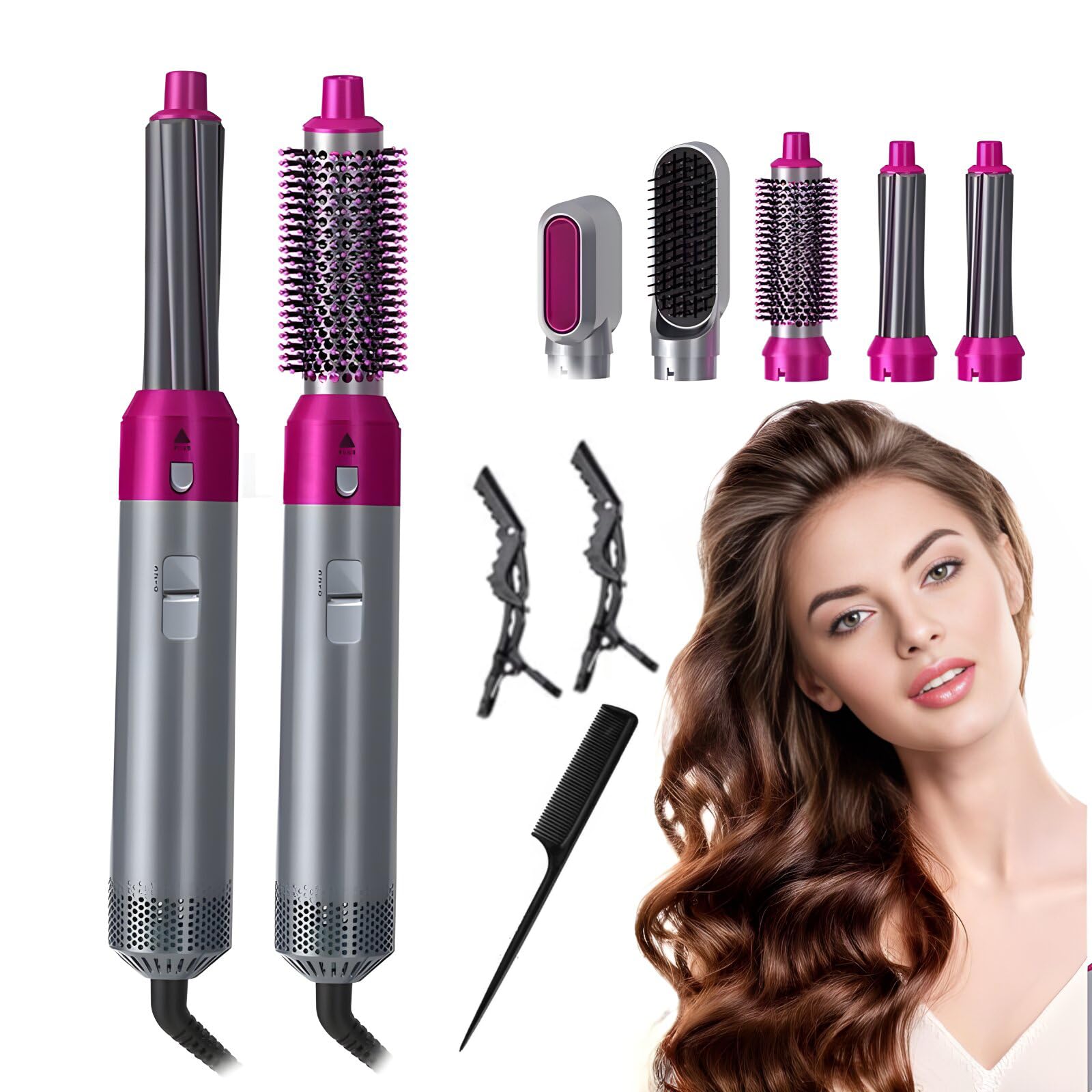 Mhepzol5 in 1 Hair Dryer Brush Set With 2 Clips + 1 Comb, Styler Blow Curling Wand Straightener Volumizer Hot Air Brush, Diffuser for Styling