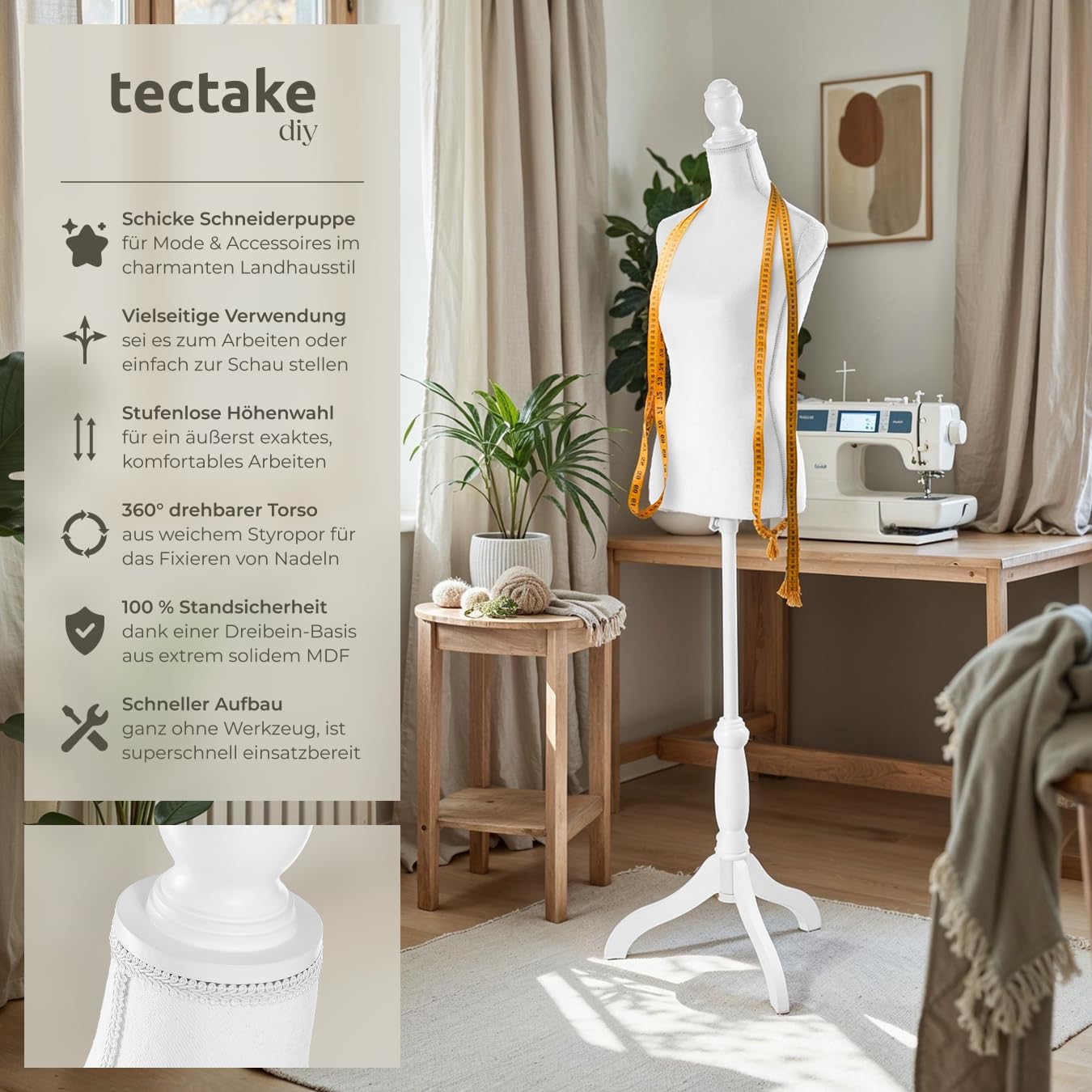 tectake® Schneiderpuppe verstellbar, Schaufensterpuppe weiblich, Damenbüste Mannequin, Büste, Kleiderpuppe, Nähpuppe, Schneiderbüste, Stehpuppe, Kleiderpuppe Damen - weiß