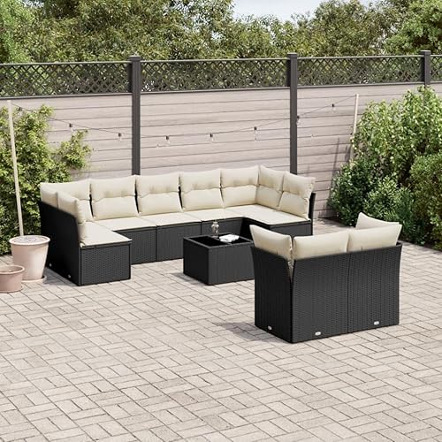 Modern Outdoor Modular Sofa Set with Removable Cushion Covers, Black Poly Rattan and Cream White Cushions, Weather-Resistant Patio Furniture for