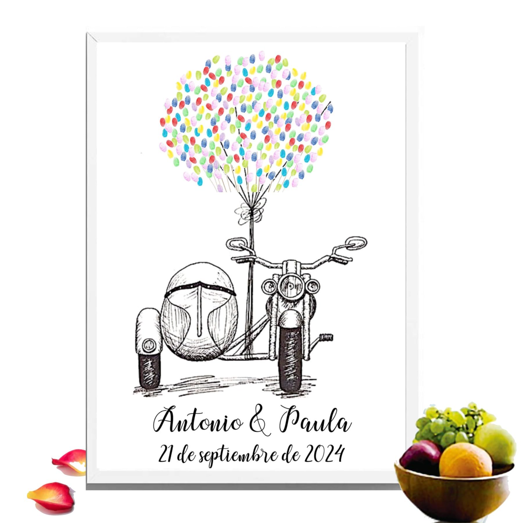 Libro Firmas Boda, Cuadro de Huellas Personalizado, Regalo Original para Novios, Incluye Marco de Madera 3 Colores, Tintas e Intrucciones. (Huellas Sidecar, 50 X 60 CM)