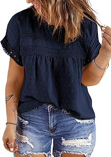 Women Plus Size Tops Crewneck Short Sleeve Lace Crochet Loose Casual Summer Blouses Shirts(1X-5X)