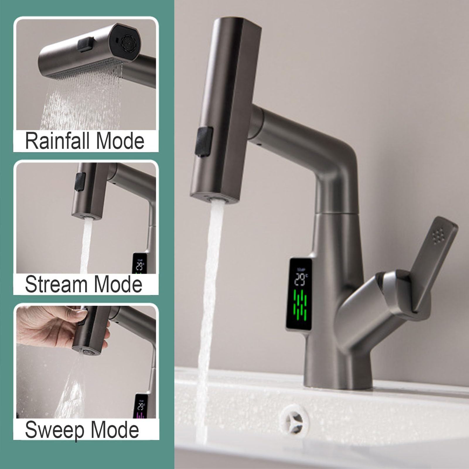 Grifo de baño con rociador extraíble, Grifo de Lluvia con Pantalla LED de Temperatura para Lavabo de baño, Grifo de baño elevable, Grifo Mezclador de Lavabo de una manija, Gris