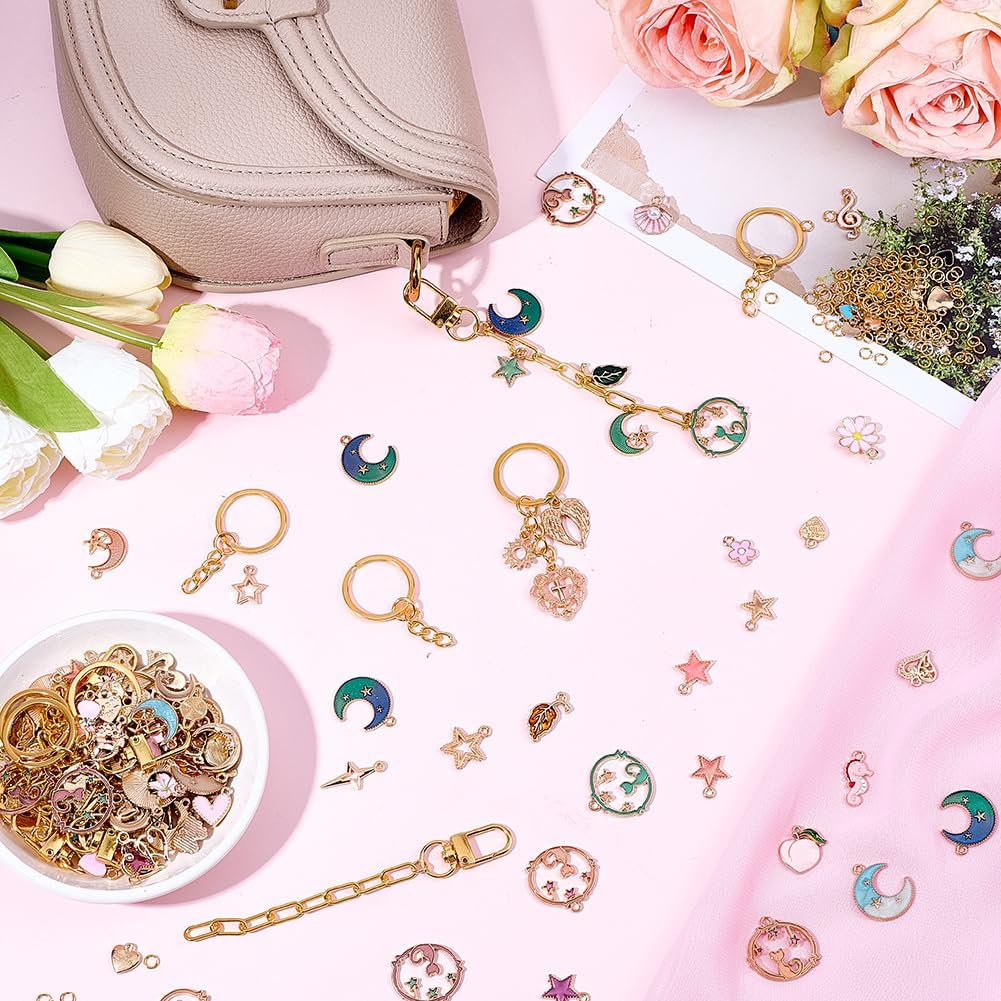 340Pcs Moon Lip Gloss Keychain Making Kit DIY Bag Charm Kit with Swivel Clasps Rings Enamel Alloy Colorful Heart Star Leaf Celestial Aesthetics for Keychains Purse Wallet Handbags Decor