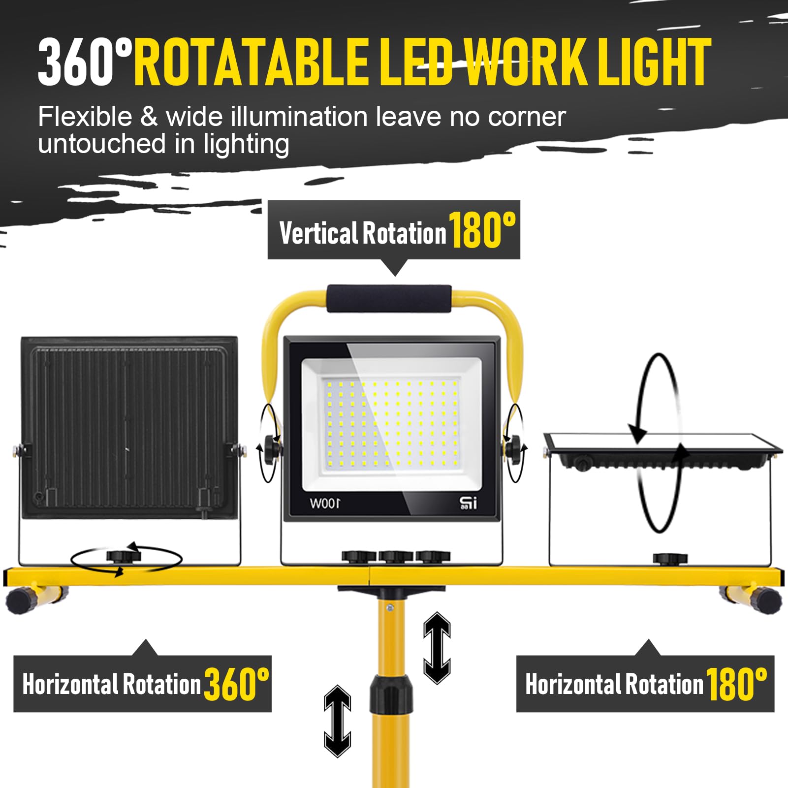 Foco de Trabajo LED 300W con Trípode Telescópico, 30000LM 6500K Foco de Trabajo LED con Enchufe Cable de 3m, Rotación de 360°, IP66 Impermeable Luz de Trabajo para Taller, Obras, Garaje