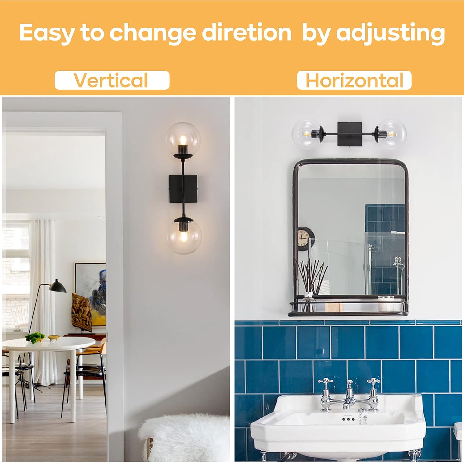 Wall Sconces Black, 2-Lights Mid Century Modern Bathroom Vanity Lights with Clear Glass Globe Shades Industrial Wall Light Fixtures for Bathroom Bedroom