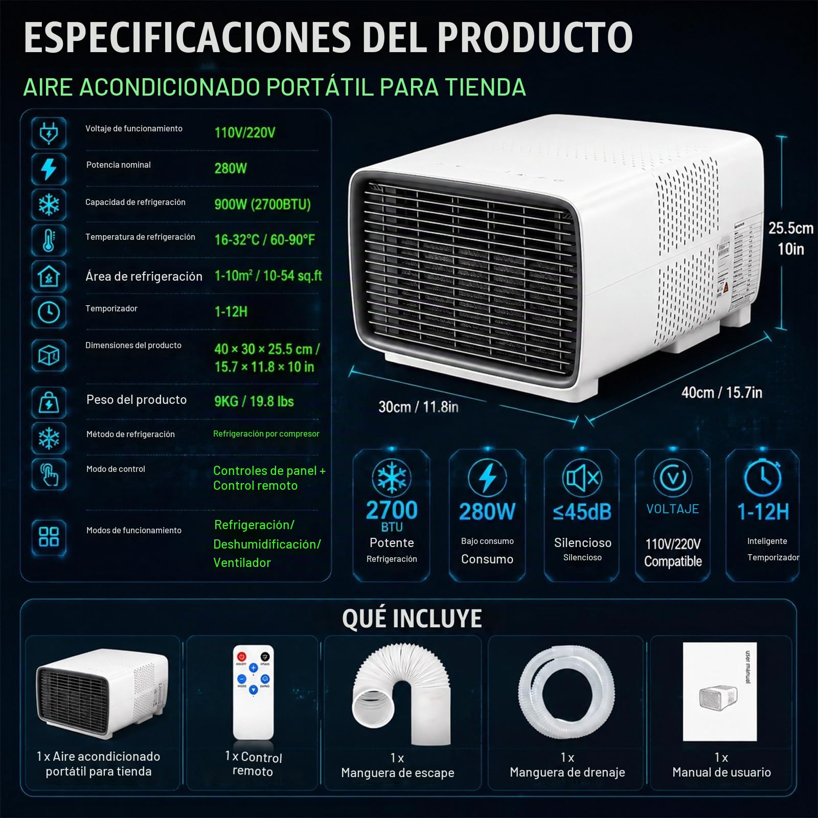 Aire Acondicionado Portátil Camping, 2700 BTU Mini Clima para Tienda de Campaña, Aire Acondicionado con Compresor Real, 280W para Camper, Van & Viaje