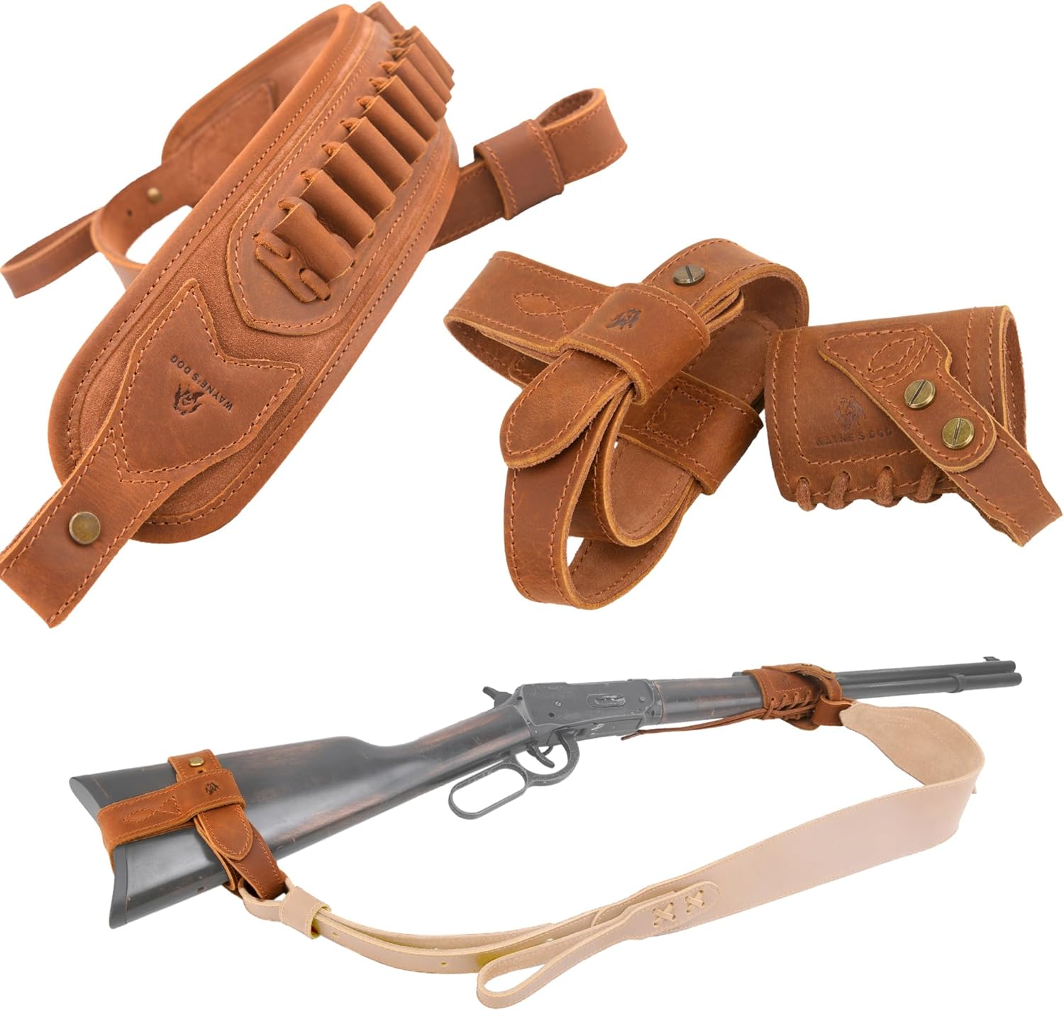 .357 .30-30 .38 .35 No Drill Leather Rifle Sling with Stock Harness and Barrel Mount Universal fit Lever Action Rifles, Crescent Shape Stock