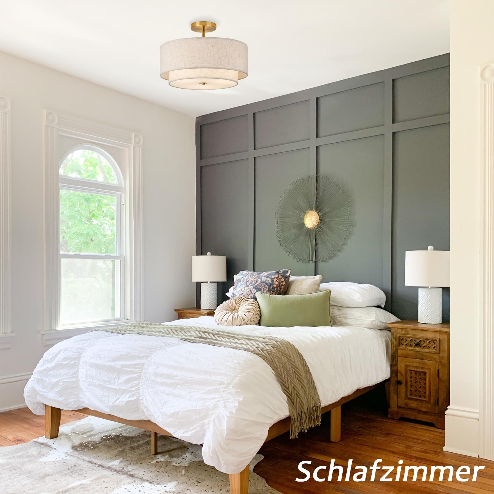 CALOKES Deckenlampe Stoff Beige Rund Ø40cm – Dimmbar E27 Deckenleuchte mit Gold Metall für Wohnzimmer Schlafzimmer Kinderzimmer Flur Küche – Weiches Licht für moderne Lampen an der Decke