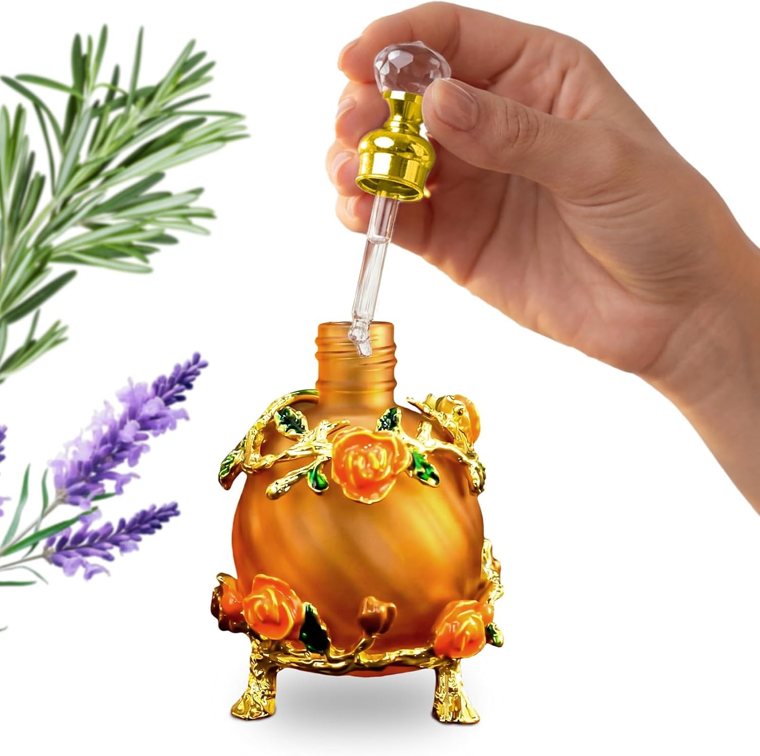 Joyeee Vintage Perfume Travel Refillable, 15 ml Golden Yellow Flower Mini Perfume Drop Bottle for Vanilla Essential Oils, Home Essentials, Vintage Crystal Middle Eastern Style Oil Sub Vial Scent image 4