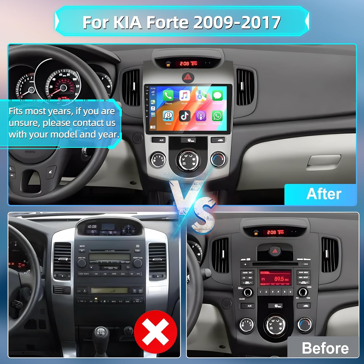Podofo [4+64G 8 Core] Wireless CarPlay Car Stereo for Kia Forte 2009-2017 with Android Auto, 9" Touch Screen Radio Audio Bluetooth 5.0 GPS Navi Mirror Link WiFi FM/AM Radio RDS Backup Camera