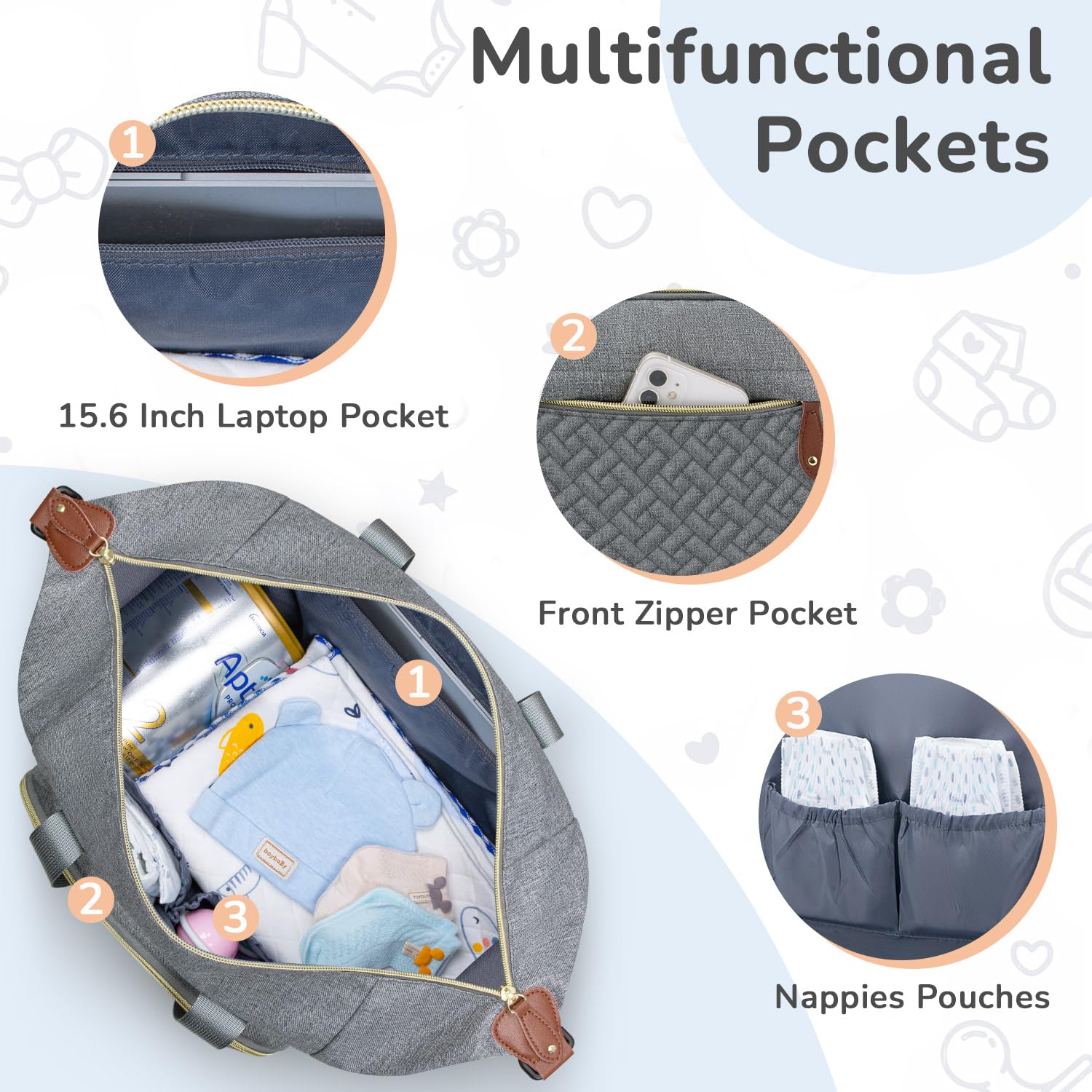 Diaper Bag Tote with Pacifier Case, Baby Bag for Women with Shoulder Straps, Travel Diaper Tote for for Mom and Dad Grey - Image 5