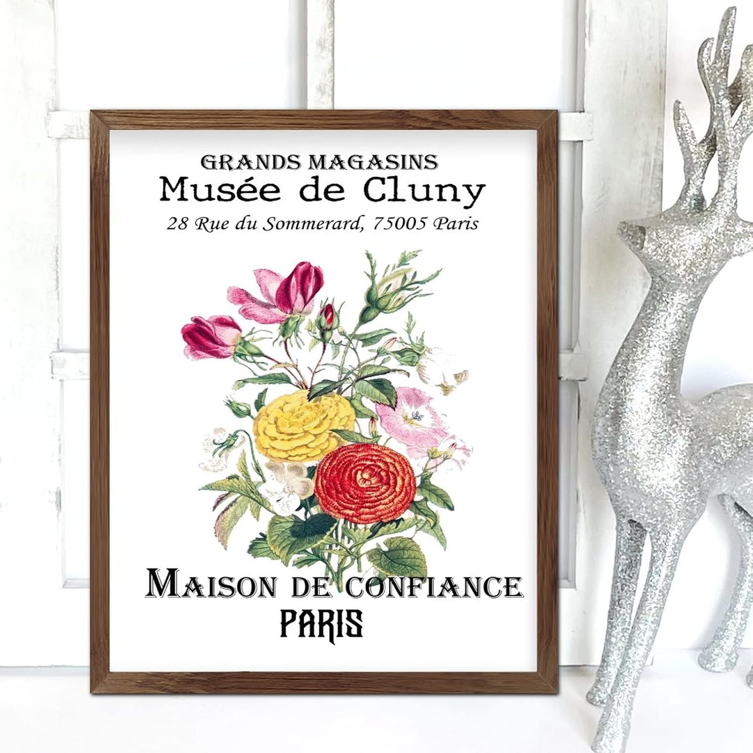 Maison De Confiance Musee De Cluny Framed Wooden Sign Vintage French Floral Welcome Sign Retro Hello Spring Flower Home Family Wall Decorative for Bedroom Living Room Shelf Kitchen Home 20x16inch