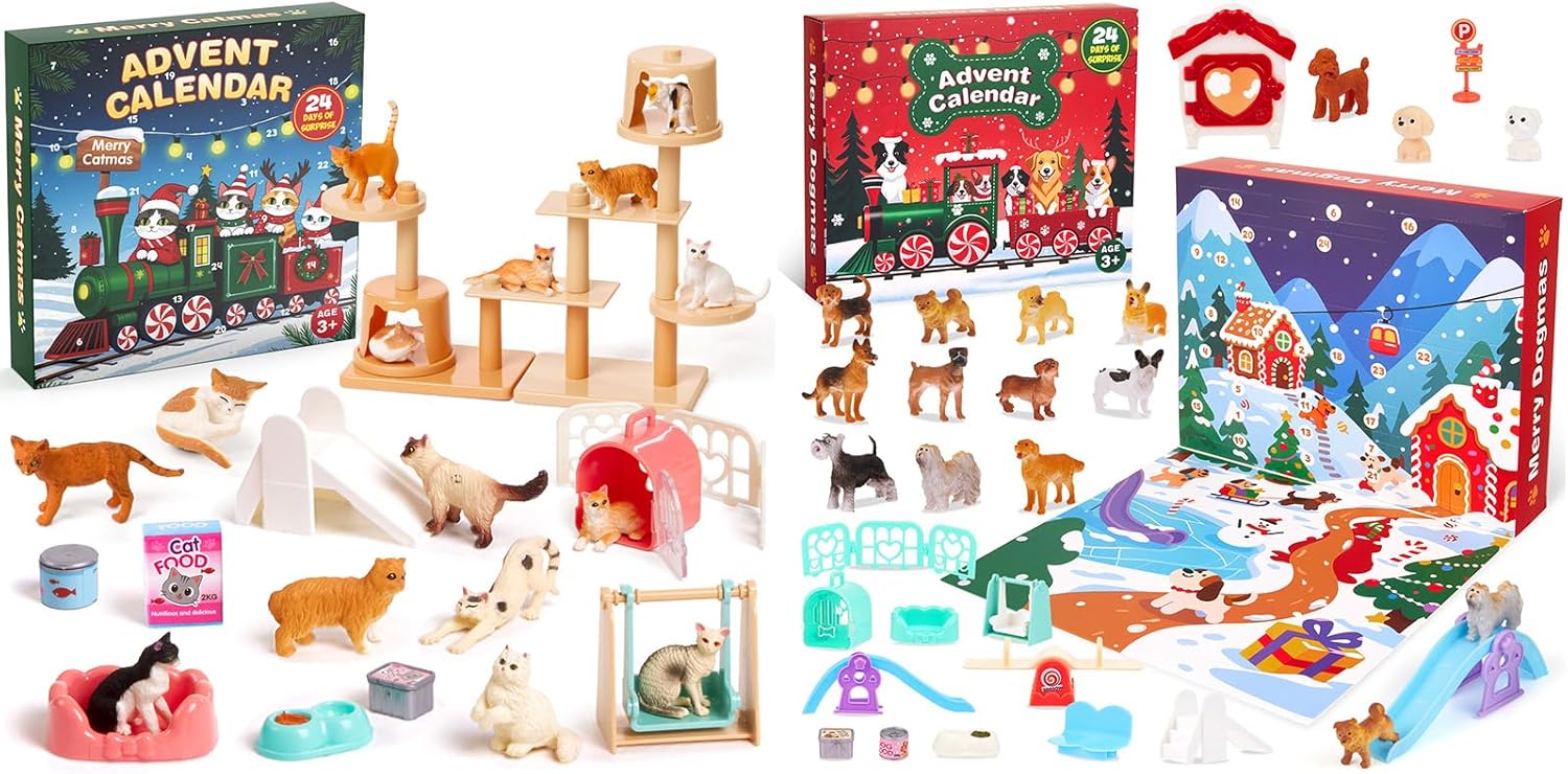 Cat & Dog Advent Calendar 2025 Bundle, 24 PCS Christmas Countdown Set with 12 Animal Figurines & Playground Accessories, Educational Holiday Gift for Kids Toddlers, Cat Dog Lovers Boys Girls