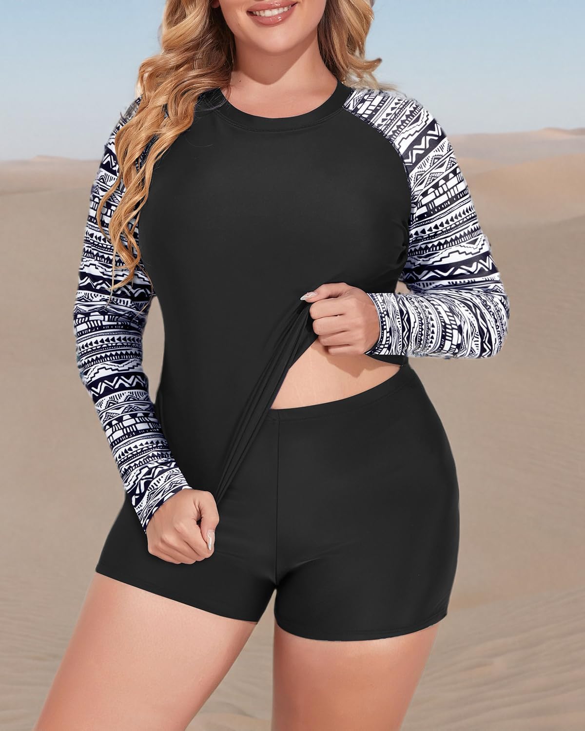 Daci Women Plus Size 2 Piece Long Sleeve Rash Guard Swimsuit Swim Shirts Top UPF 50+ with Boy Short Swimwear - Image 6