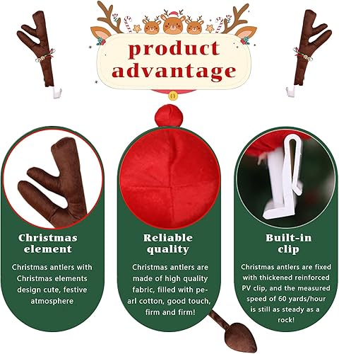 Miniatura 3 de 4 piezas de decoración de cuernos de Navidad para automóvil, cuernos de alce de Navidad con campanas y cintas, rejilla de techo, nariz, cola de