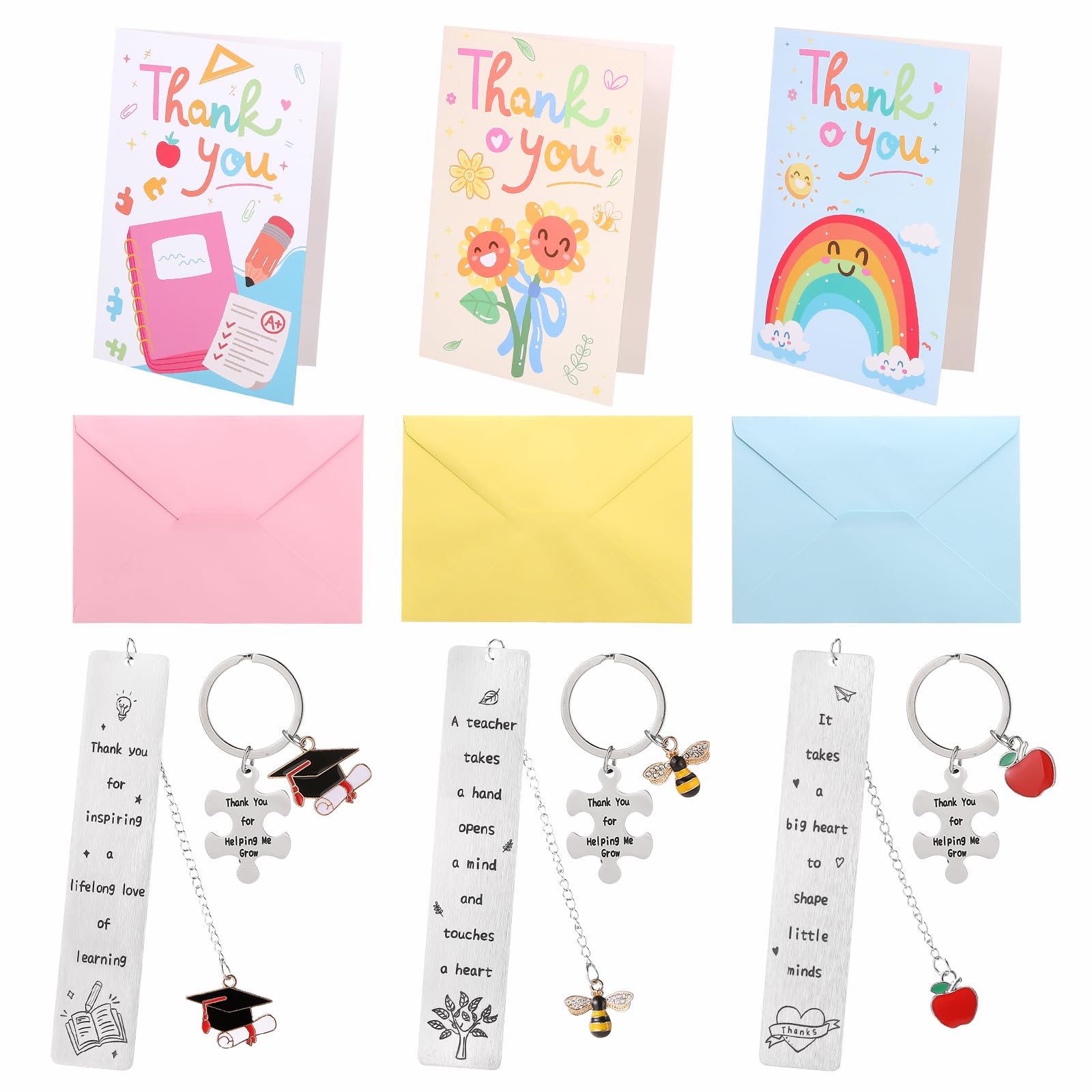 Naler Thank You Teacher Gifts 3 Sets Bookmark with Tassel and Keychain Bulk Stainless Steel Thank You Gifts for Women Men with Greeting Cards and Envelopes for Graduation Retirement Birthday