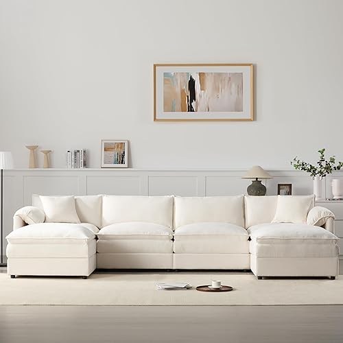 136" U-Shape Modular Chenille Sectional – Deep Seat Cloud Sofa with 2 Ottomans