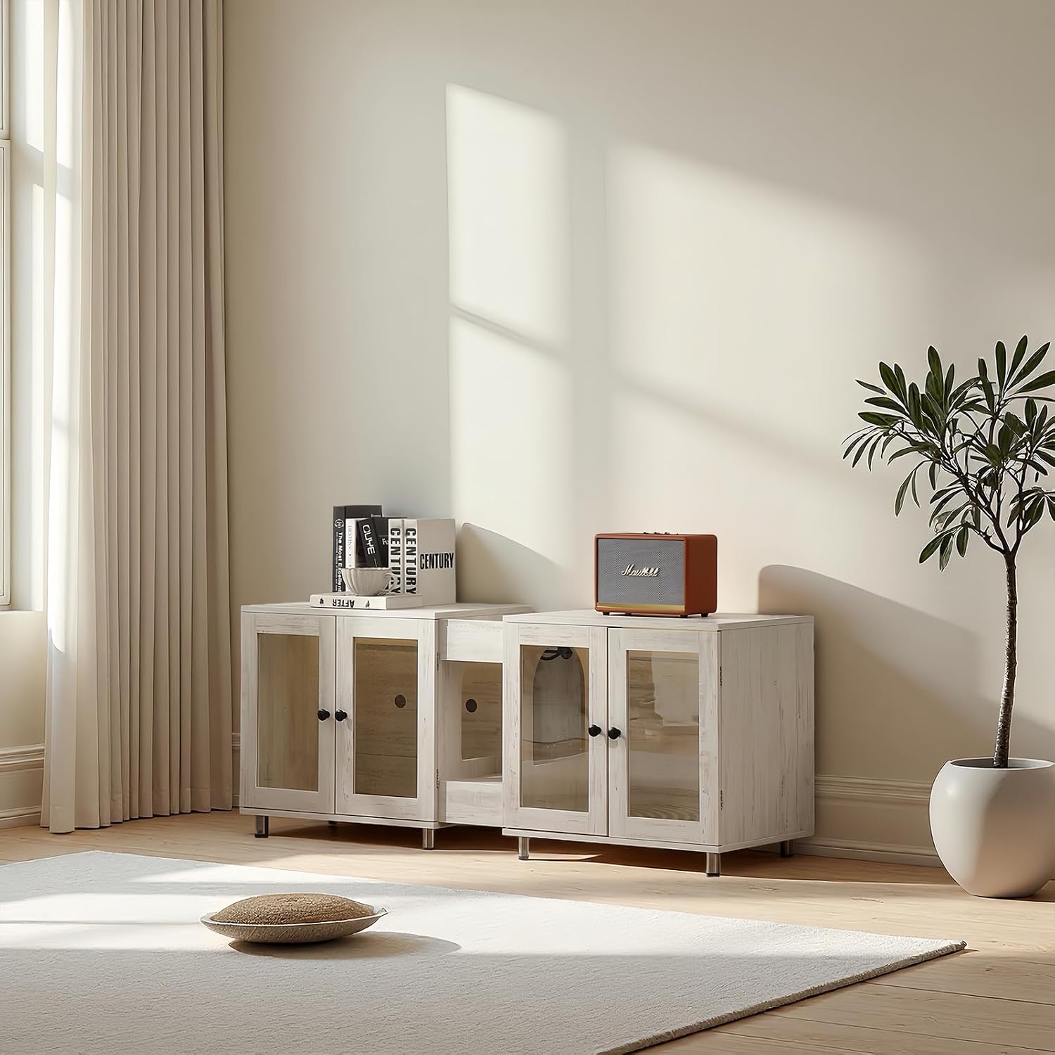 Double Cat Litter Box Enclosure for 2 Cats, Modern Double Litter Furniture with 7-Color LED & Built-in Power Outlet, Large Cozy Cat Space, 4 Glass Doors for Clear Viewing (White)