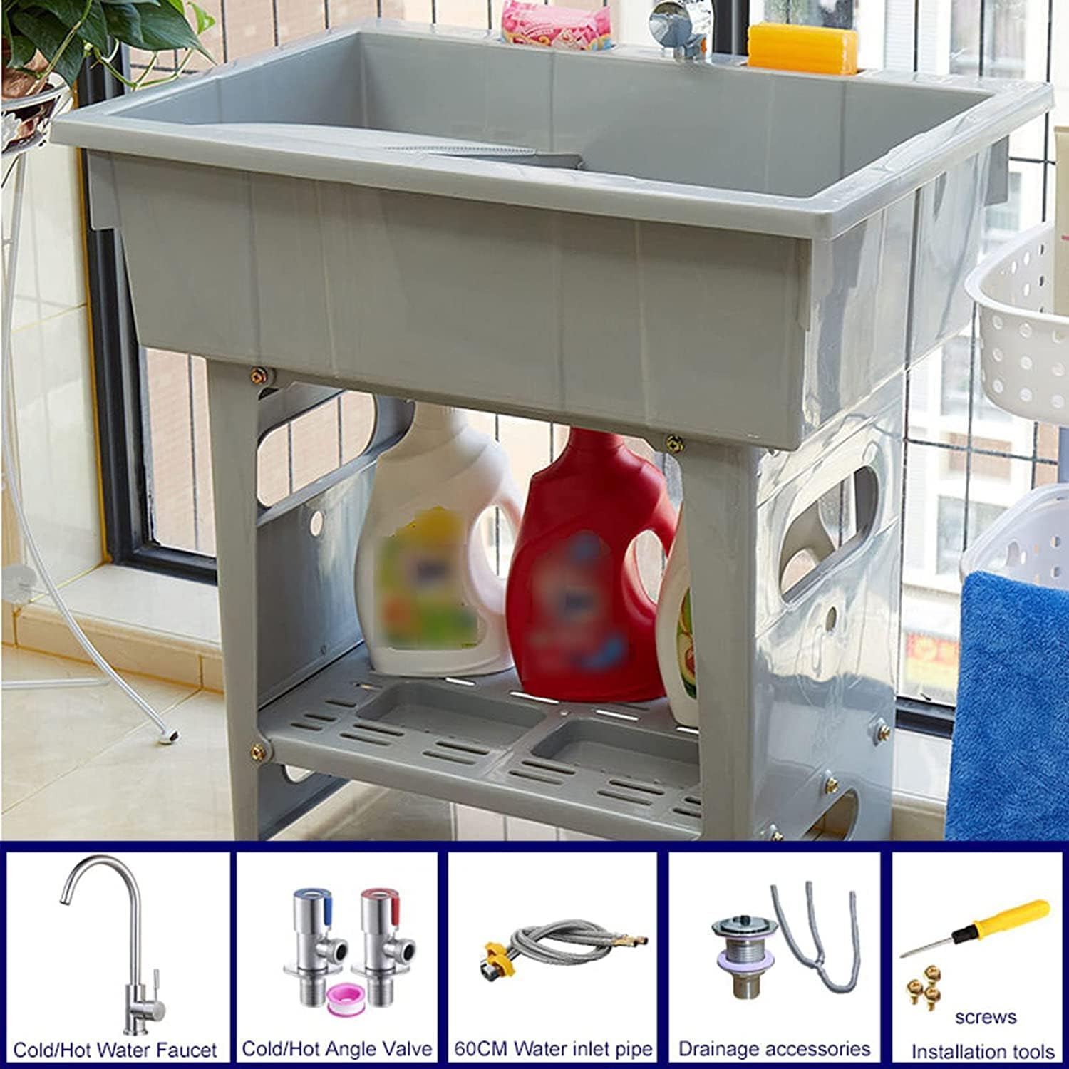 CYRUX Stainless steel kitchen sink,Laundry Tub Utility Sink Wash Basin, Freestanding Wash Station with Washboard, Faucet kit, Laundry Pool Bathroom Cleaning Basin Slop Vessel Sink, for Gard, Gray