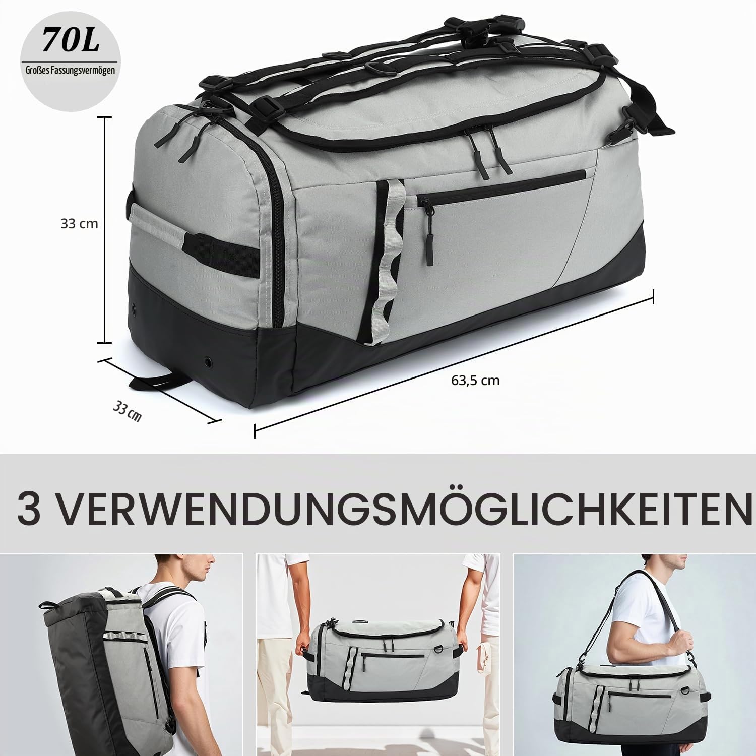 Reisetasche Herren Große 70L Sporttasche Rucksack mit Schuhfach Wasserdicht Gym Trainingtasche Damen Weekender Duffel für Reisen Sport Fitness, Grau