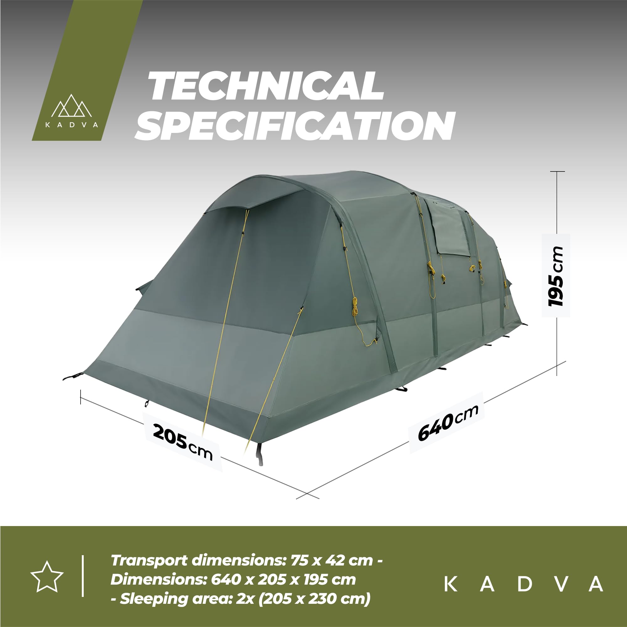 KADVA Namiot Kempingowy AIRcamp 8.44 Osobowy Tunelowa Konstrukcja 640 x 205 x 195 cm Wodoodporność 3000 mm Dwie Sypialnie Przestronny Przedsionek Łatwy Transport Praktyczne Kieszenie Kolor Zielony