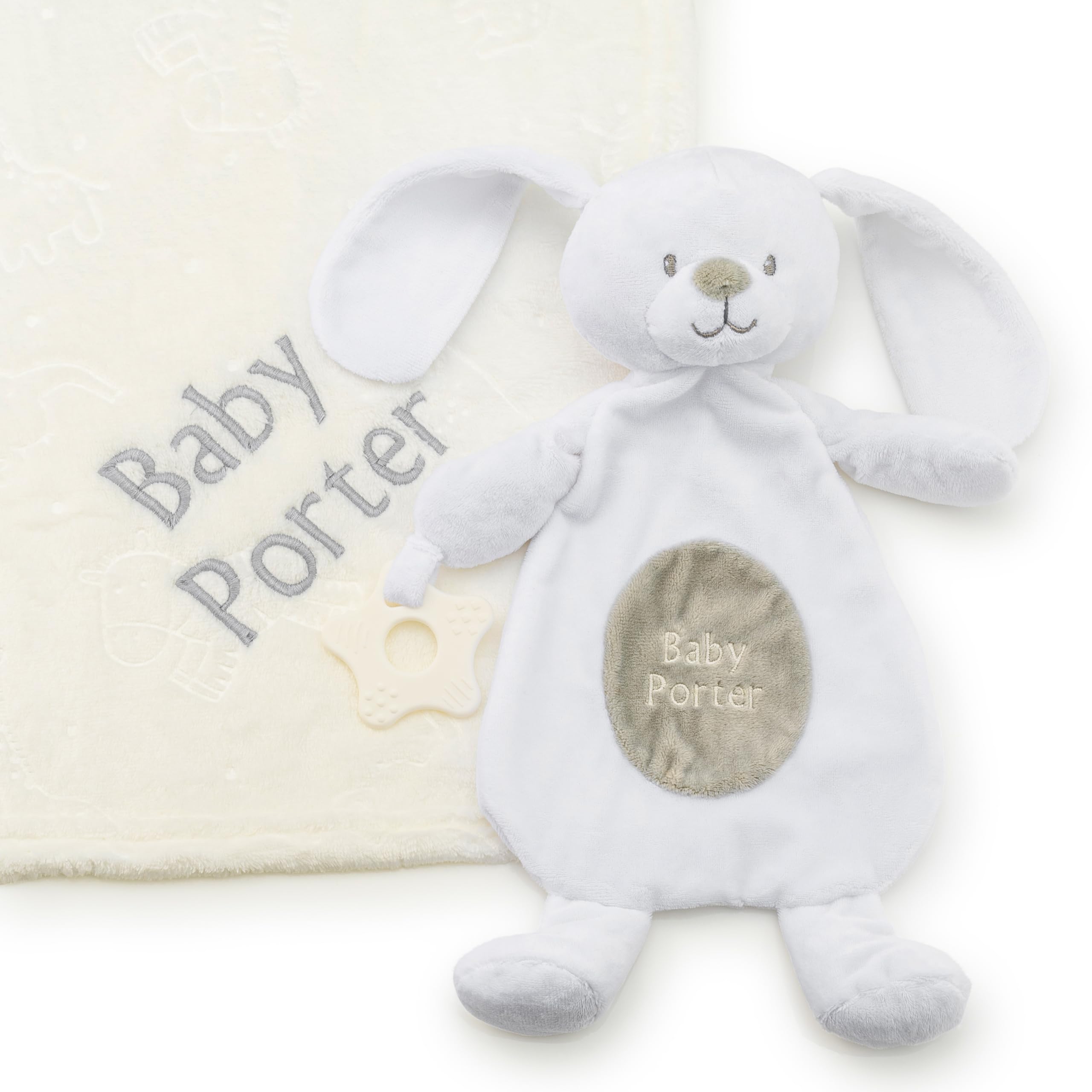 Lobeko Personalised Baby Gift Set, Embroidered Plush Blanket with Matching Teething Comforter, Newborn Keepsake Gift, Baby Shower Present (White Rabbit Gift Set)
